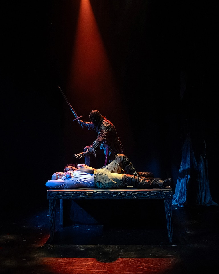 The Headless Horseman terrorizes Ichabod Crane, played by Vato Tsikurishvil, and wife Katrina, played by Sia Li Wright. Is the horrifying figure a real soldier seeking revenge, a ghost, or a figment of Crane’s trauma and guilt?