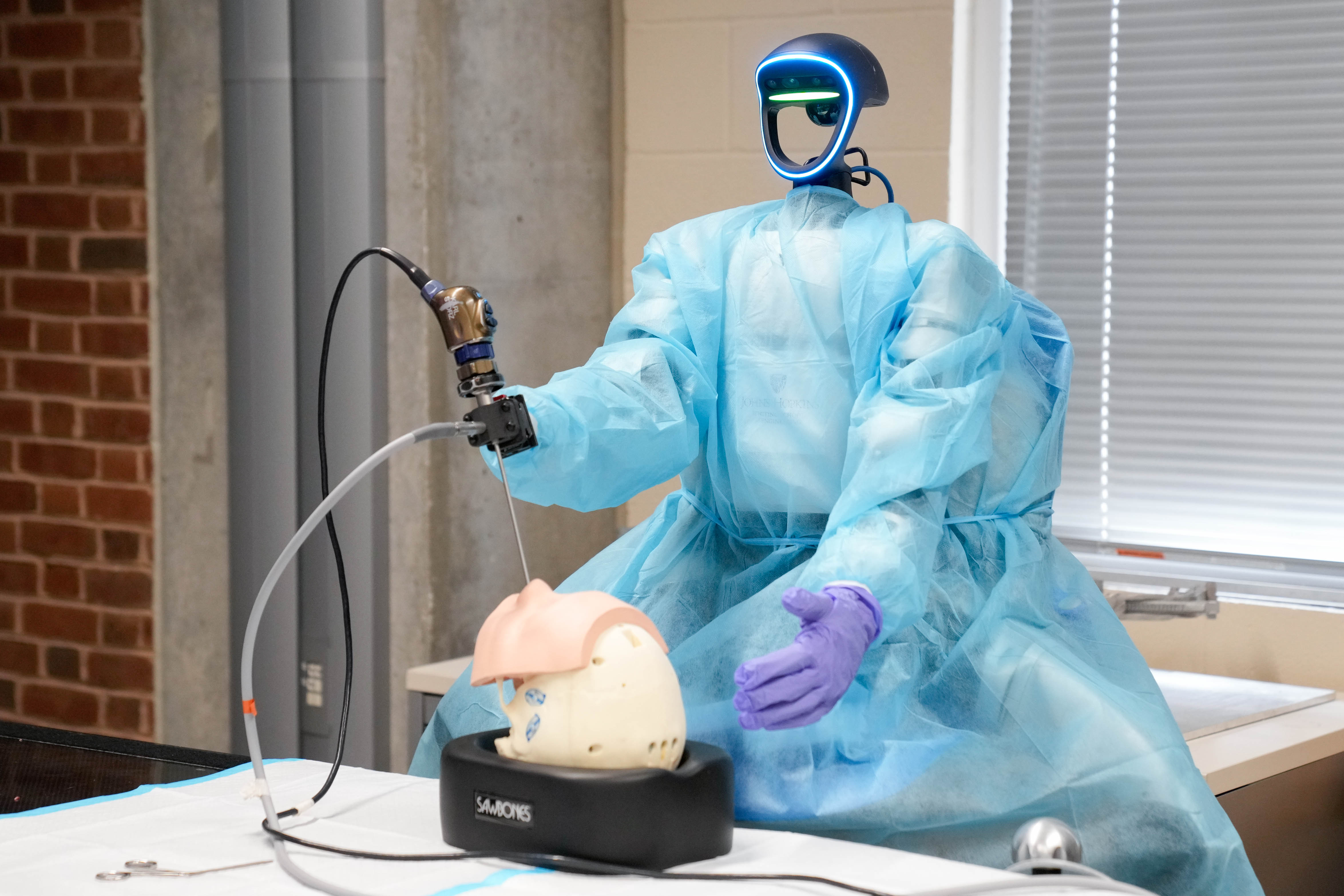 Humanoid robot “Sprite” displays its capabilities during a mock sinus surgery at Johns Hopkins University in Baltimore.