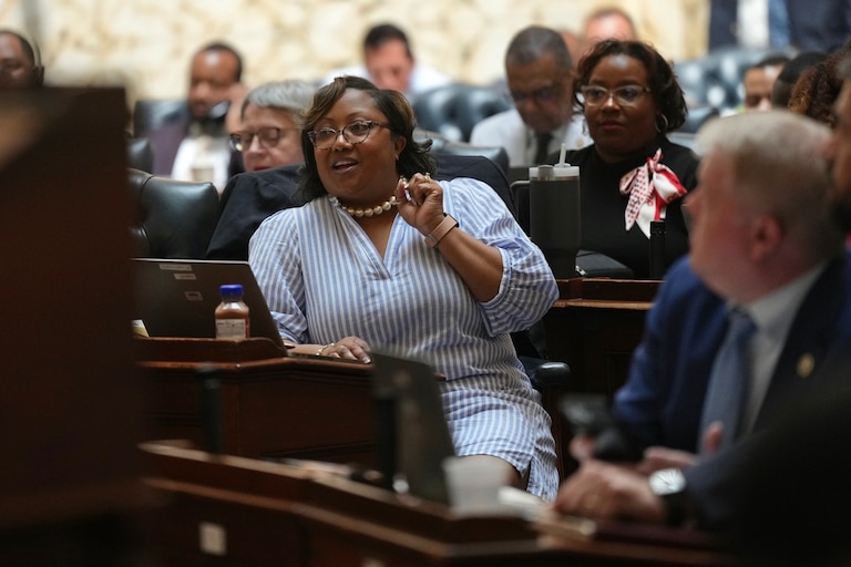 Del. Sheree Sample-Hughes, Eastern Shore Democrat and speaker pro-tem, wears seersucker inside the House Chamber on the last day of session, Sine Die, on April 10, 2023.