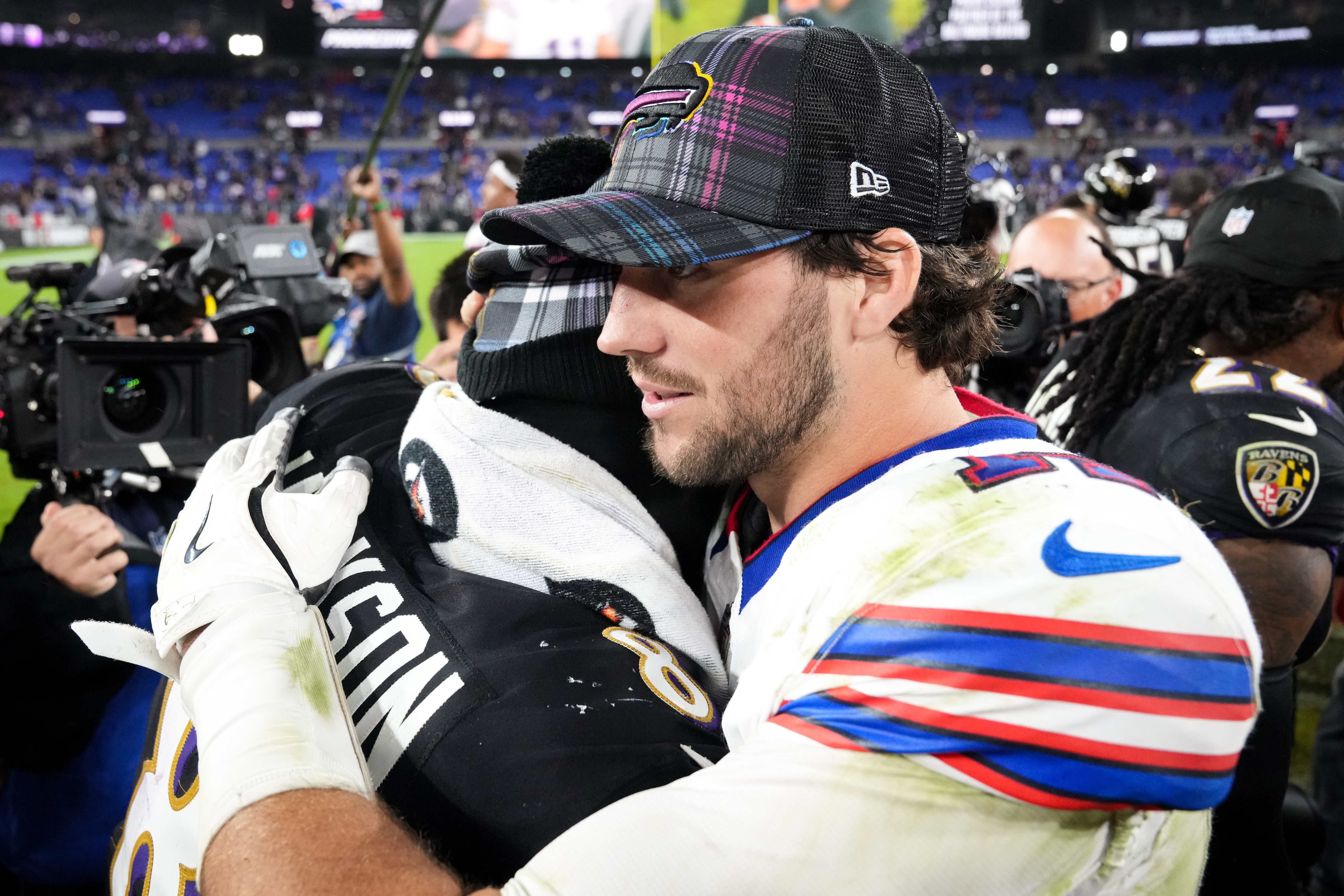 Ravens quarterback Lamar Jackson greets Buffalo Bills quarterback Josh Allen after their game at M&T Bank Stadium in September.