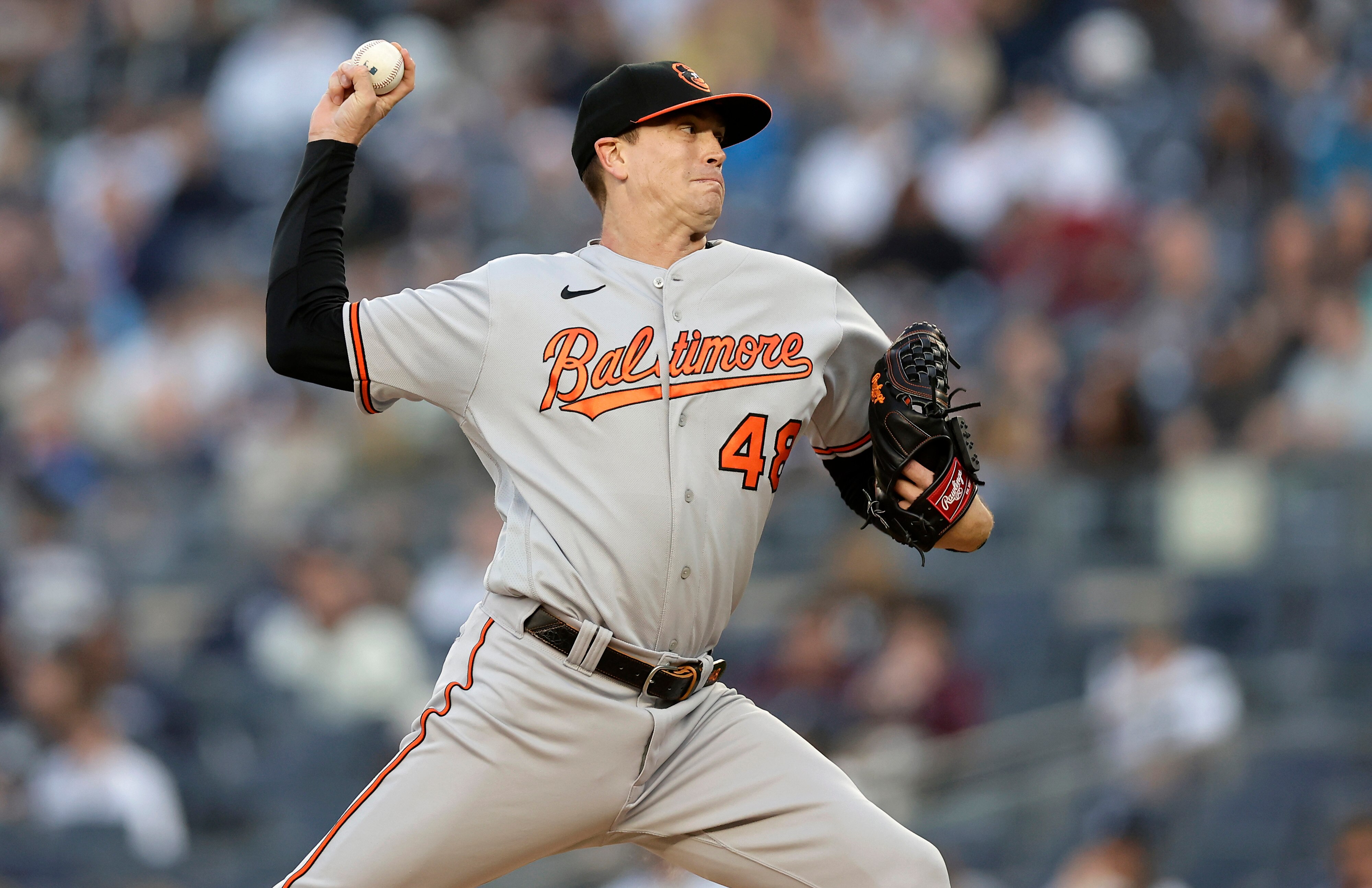 Kyle Gibson #48 of the Baltimore Orioles delivers a pitch during the first inning against the New York Yankees at Yankee Stadium on May 25, 2023 in Bronx, New York.