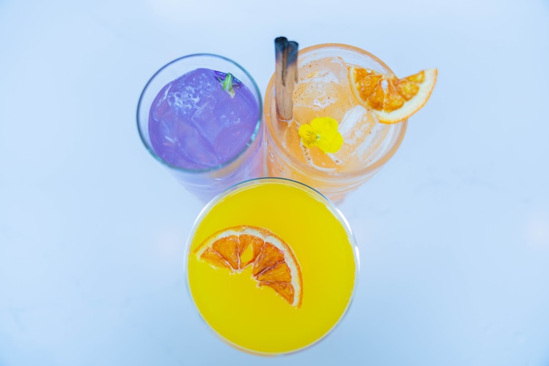 Drinks(left to right) War of the Roses, Tiki Time, Blood on the Sand, at Liora(Photo by Shan Wallace/The Baltimore Banner)