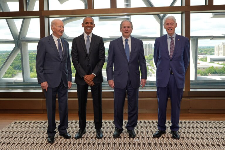 Former President Joe Biden, from left, former President Barack Obama, former President George W. Bush, and former President Bill Clinton, pose for a photo ahead of the dedication ceremony at the Obama Presidential Center, Thursday, June 18, 2026, in Chicago.
