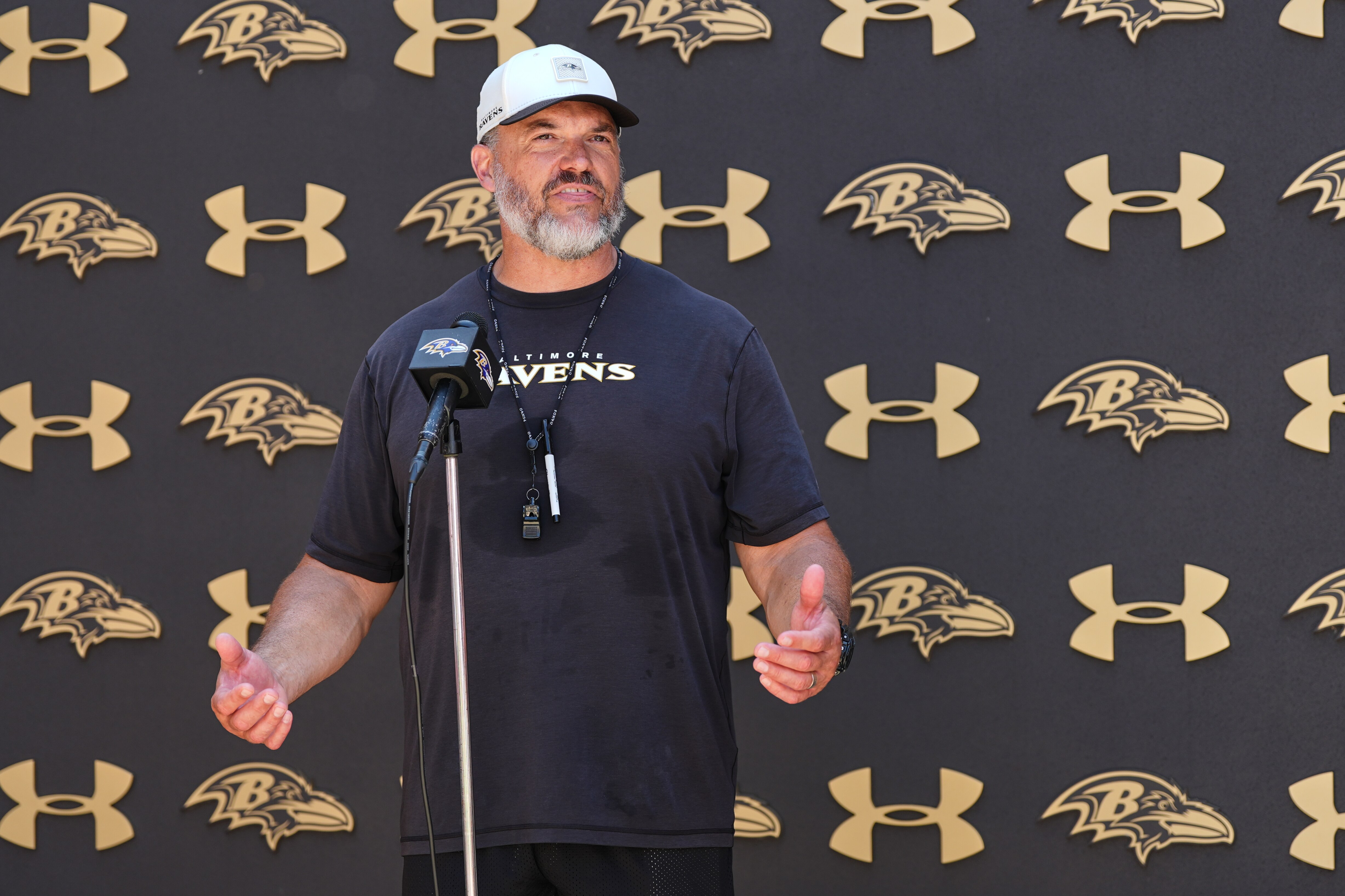 Baltimore Ravens run game coordinator and offensive line coach Dwayne Ledford speaks during a press conference following the team's NFL football training camp, Monday, Aug. 3, 2026, at the Under Armour Performance Center in Owings Mills, Md. (AP Photo/Stephanie Scarbrough)