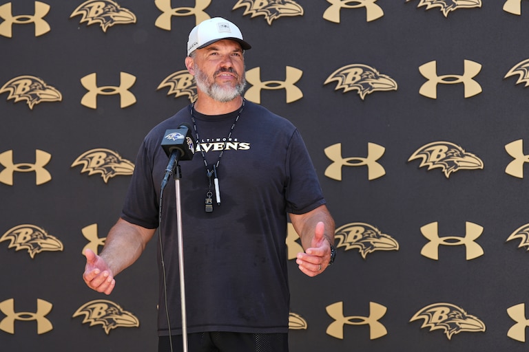 Baltimore Ravens run game coordinator and offensive line coach Dwayne Ledford speaks during a press conference following the team's NFL football training camp, Monday, Aug. 3, 2026, at the Under Armour Performance Center in Owings Mills, Md. (AP Photo/Stephanie Scarbrough)