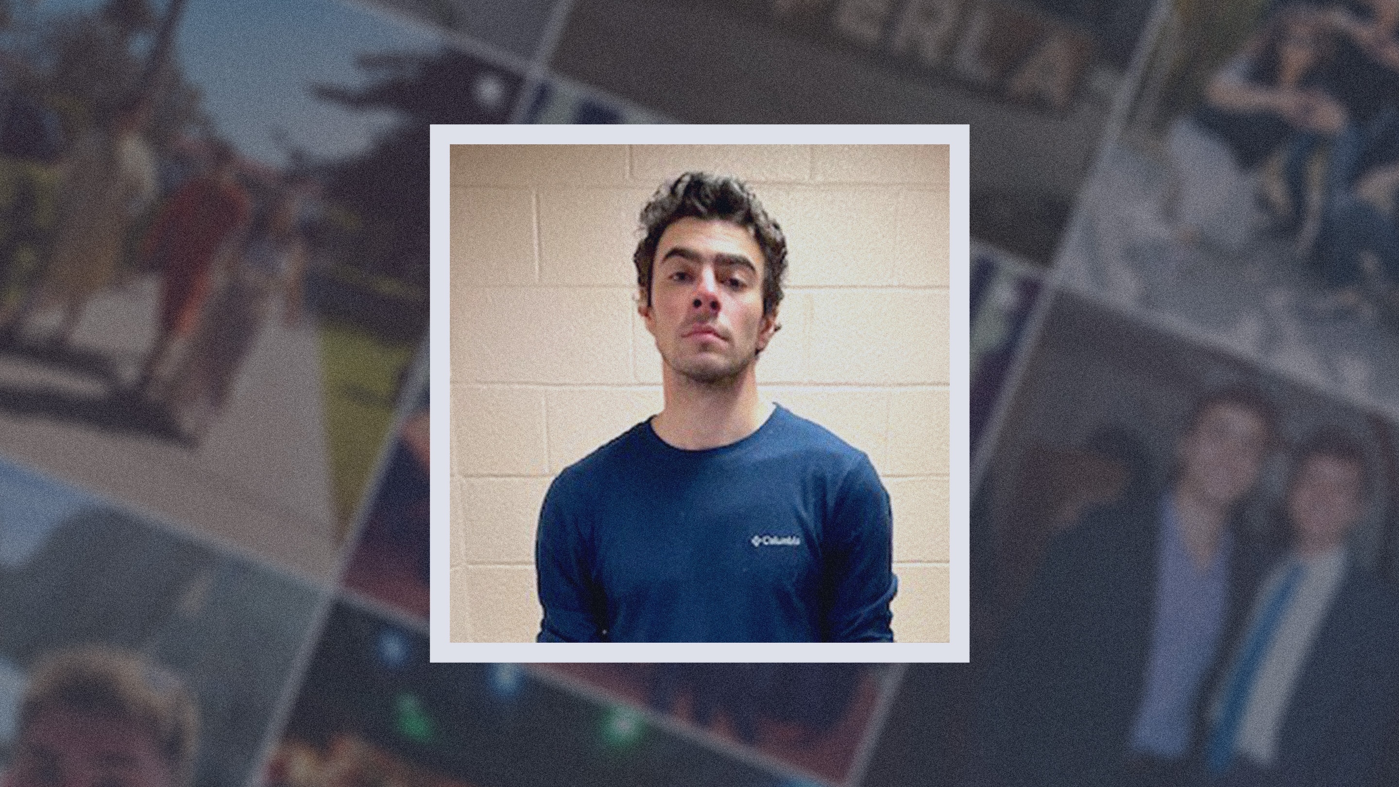 A photo released by the Altoona Police Department shows Luigi Mangione in a holding cell after being taken into custody on Monday, overlaid on what is believed to be Mangione's public Instagram page.