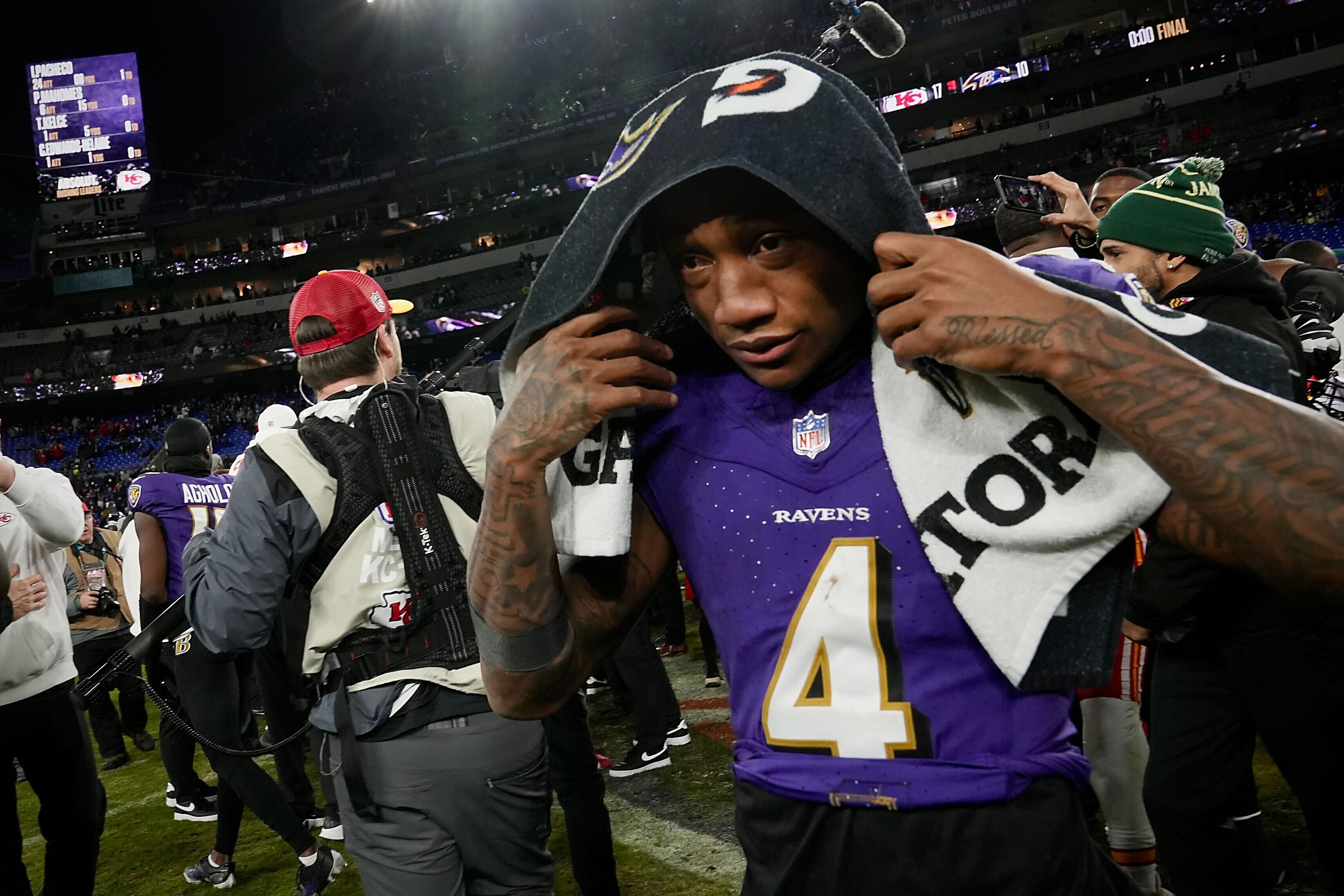 Ravens’ Zay Flowers hangs his head as he walks off the field following the loss to the Chiefs in the AFC Championship game at M&T stadium.