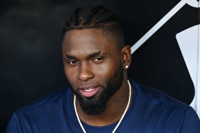 Luis Robert Jr. is interviewed by media prior to the New York Mets' game against the Chicago White Sox at Rate Field on Aug. 21.