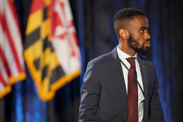 Marvin James, an aide to Baltimore Mayor Brandon Scott, coordinates final preparations before the mayor gives the annual State of the City address on Monday, April 17. The event was held at the Middle Branch Fitness and Wellness Center in South Baltimore.