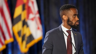 Marvin James, an aide to Baltimore Mayor Brandon Scott, coordinates final preparations before the mayor gives the annual State of the City address on Monday, April 17. The event was held at the Middle Branch Fitness and Wellness Center in South Baltimore.