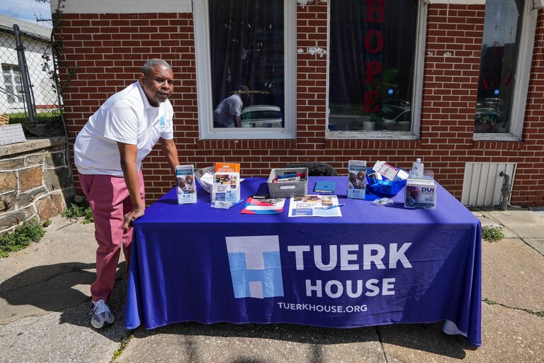 At Poplar Grove Street and West Lafayette Avenue, as the lone outreach specialist of Tuerk House, Vincent Timmons, provides information to help people battling addiction in Baltimore, MD., on March 21, 2023. He loves to help people and give them options to overcome their addictions or use other resources from the organization.