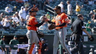 Orioles pitcher Yennier Cano (78) shakes hands with catcher Carlos Narváez, left, after Sunday's win over the Athletics.