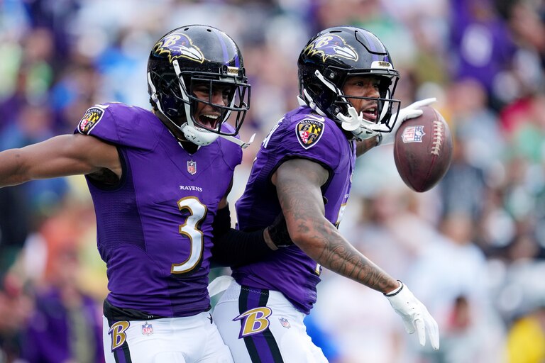 Rashod Bateman #7 of the Baltimore Ravens celebrates with James Proche II #3 after scoring a touchdown during the third quarter against the New York Jets at MetLife Stadium on September 11, 2022 in East Rutherford, New Jersey.