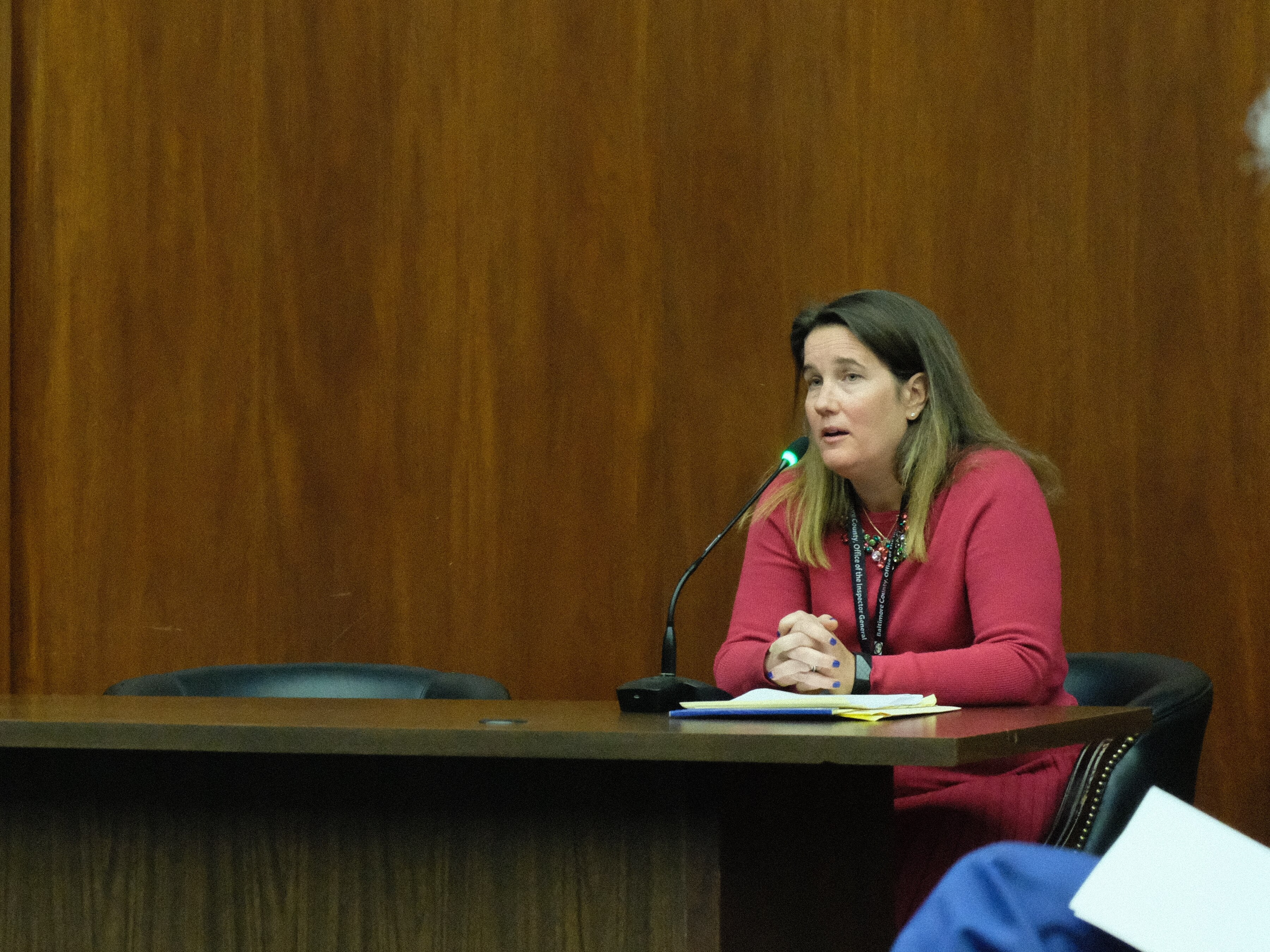 Baltimore County Inspector General Kelly Madigan addresses the Baltimore County Council during a hearing on two bills proposed to enshrine her office in the county's charter and remove a waiting period to subpoena non-government records Nov. 28, 2023.