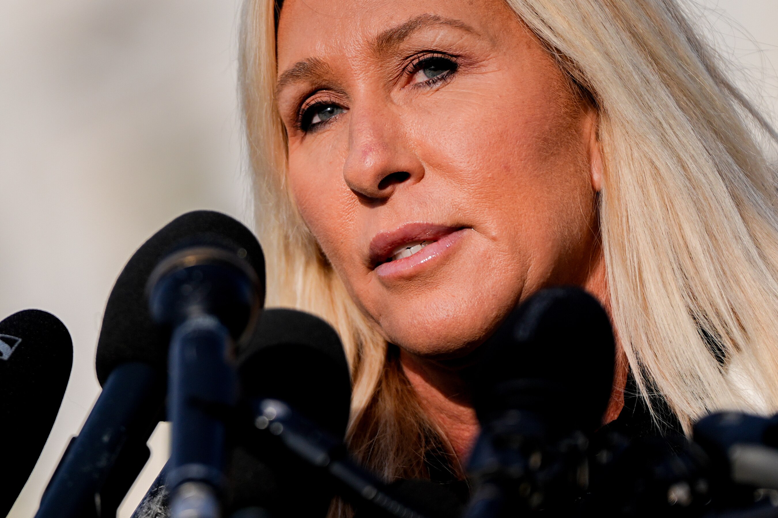 Rep. Marjorie Taylor Greene, R-Ga., speaks during a news conference on the Epstein Files Transparency Act, Tuesday, Nov. 18, 2025, outside the U.S. Capitol in Washington.