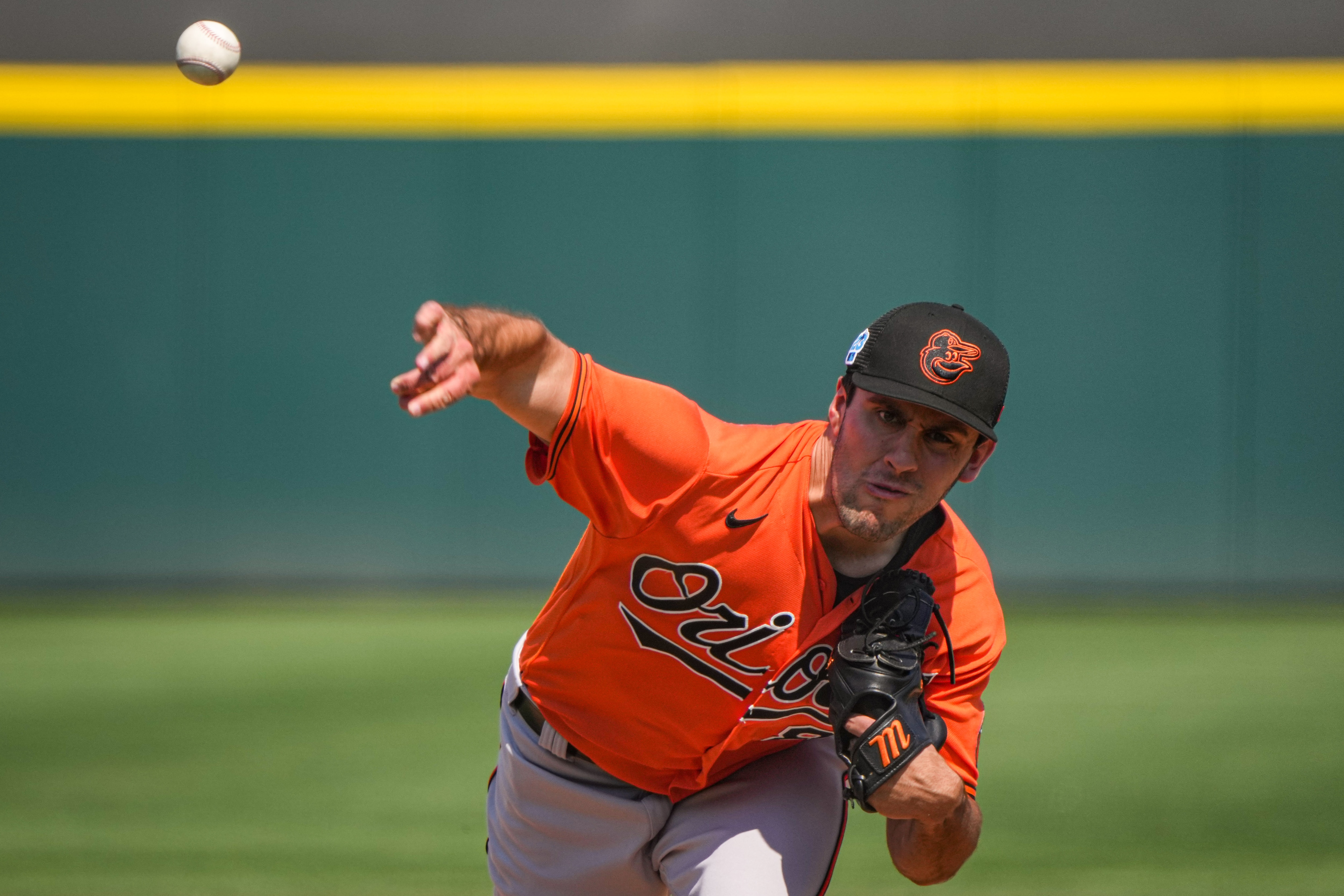 Grayson Rodriguez (85) delivers a pitch at Publix Field at Joker Marchant Stadium in Lakeland in the first inning of a game against the Detroit Tigers on March 2.