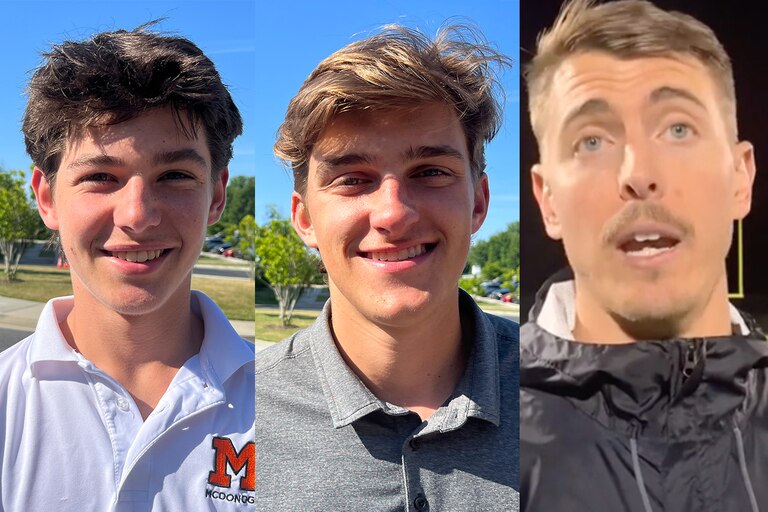 (From Left) McDonogh's Brenedan Millon, the 2023 Baltimore Banner/VSN Boys Lacrosse Offensive Player of the Year, and AJ Marsh, the 2023 Baltimore Banner/VSN Boys Lacrosse Player of the Year, as well as Broadneck's Jeff McGuire, the 2023 Baltimore Banner/VSN Boys Lacrosse Coach of the Year.