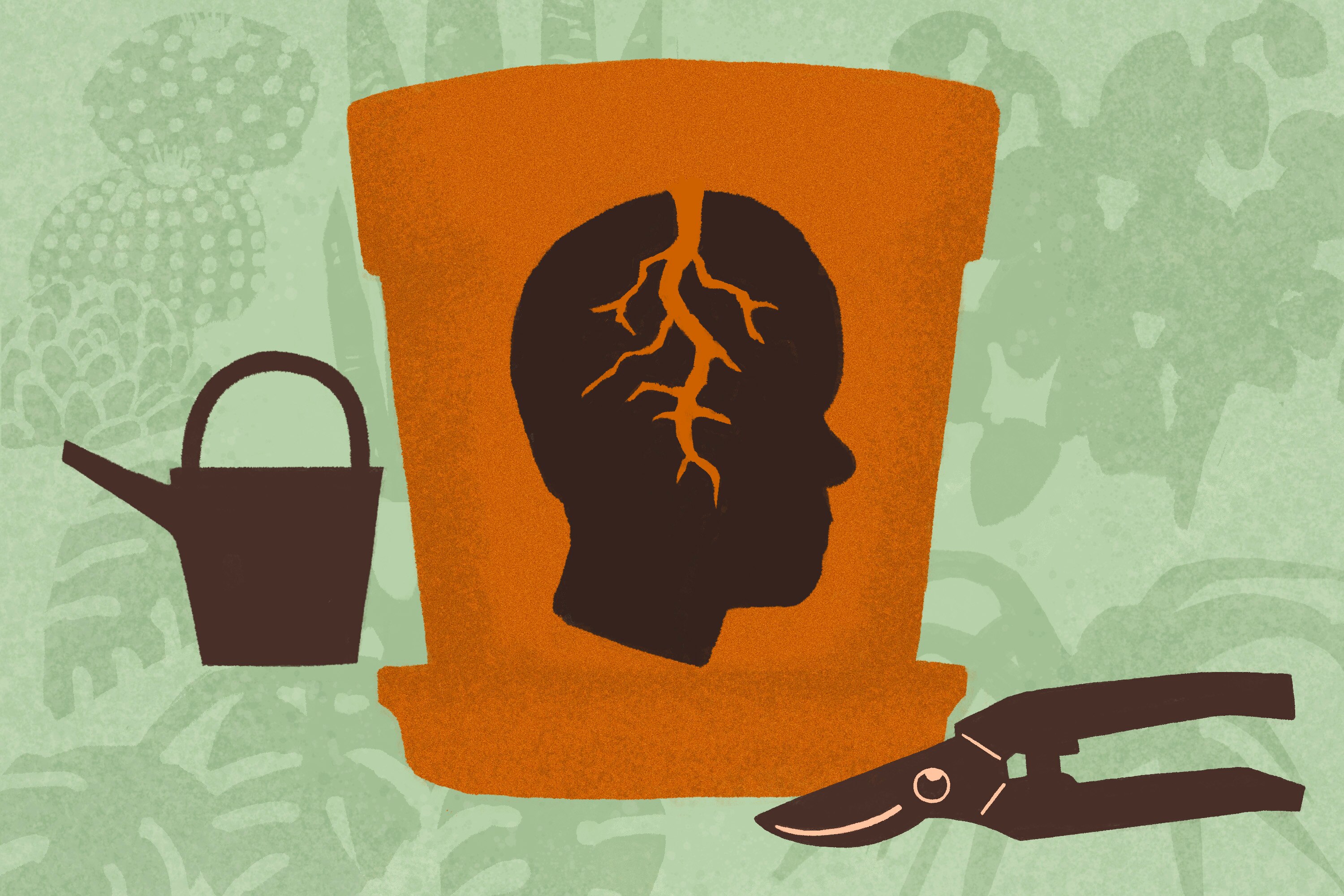 Illustration shows a boy’s profile, with roots growing from the top of his head, on the side of a terracotta plant pot. Pot is flanked by watering can and garden shears, and there are plants in the background.