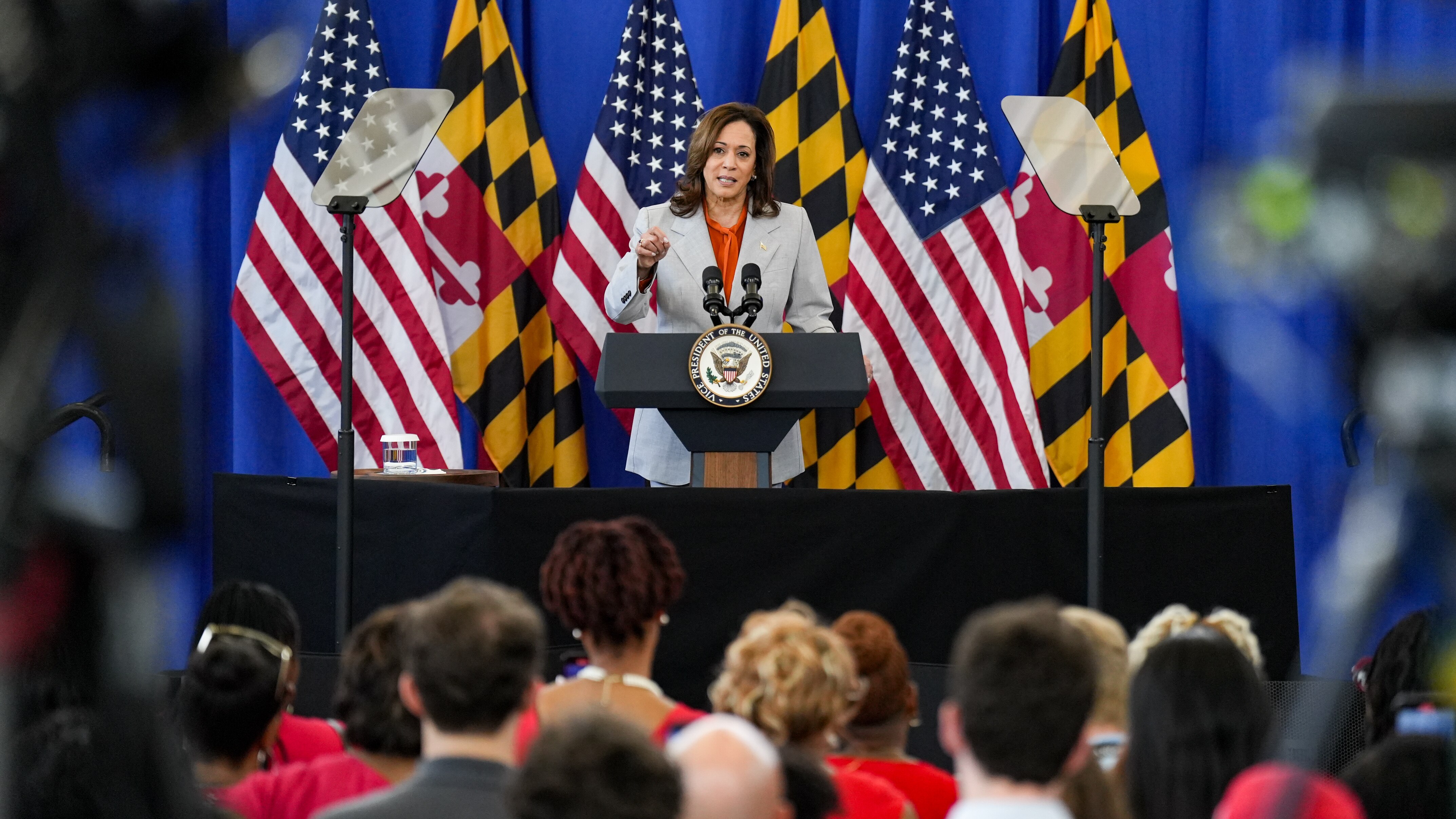 U.S. Vice President Kamala Harris takes the stage at the Kentland Community Center to endorse U.S. Senate candidate Angela Alsobrooks on June 7, 2024.