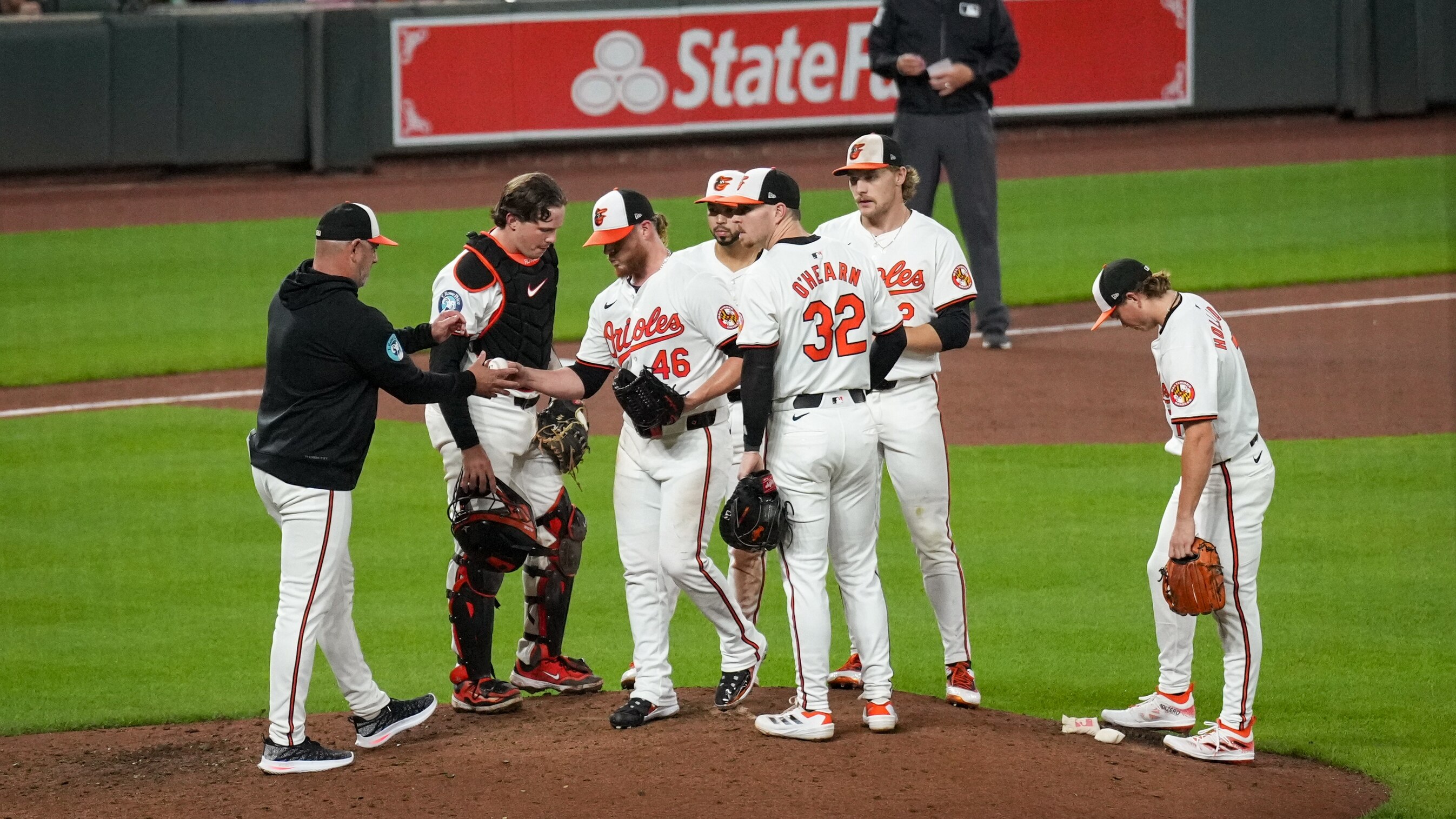 Baltimore Orioles pitcher Craig Kimbrel (46) is pulled from the game by manager Brandon Hyde in the 9th inning of the first game of a series against the San Francisco Giants at Camden Yards in Baltimore on Tuesday, September 17, 2024.