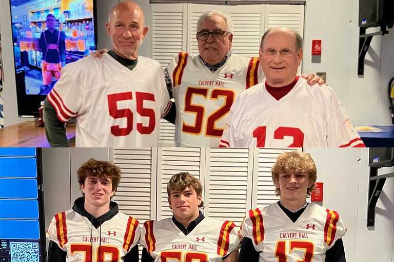 Two different generations of Calvert Hall place-kicking units brought Turkey Bowl glory to their school by producing game-winning field goals on Thanksgiving morning, 55 years apart. The 1969 unit included (top row from left) snapper Bruce Willis, kicker Phil Marsiglia and holder Phil Popovec. The 2022 kicking unit (bottom row, from left) included senior kicker Dylan Manna, long snapper Mason Notaro, junior holder Dane Grunder.