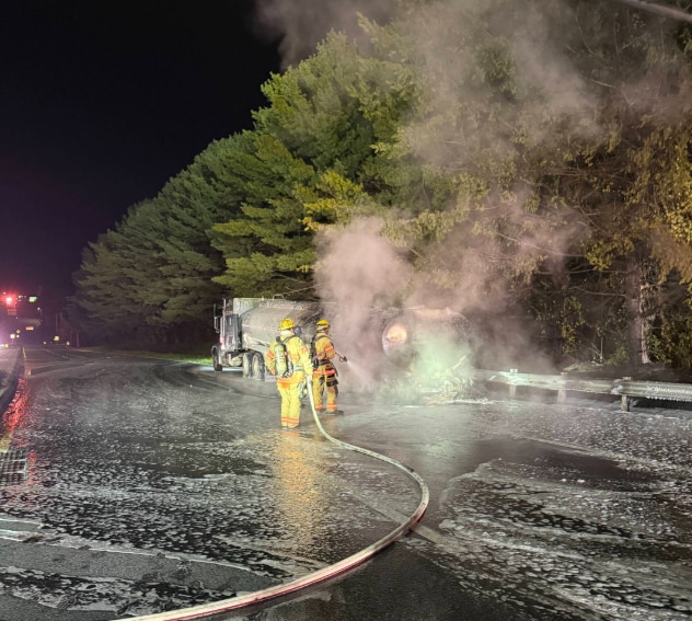 A fuel tanker carrying about 8,000 gallons of gasoline caught fire on I-795 near Westminster Pike in Reisterstown on Friday, September 11, 2026.