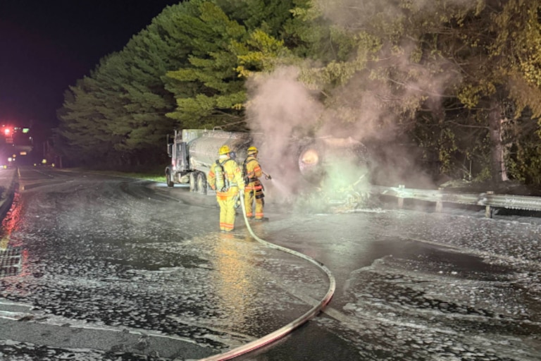 A fuel tanker carrying about 8,000 gallons of gasoline caught fire on I-795 near Westminster Pike in Reisterstown on Friday, September 11, 2026.