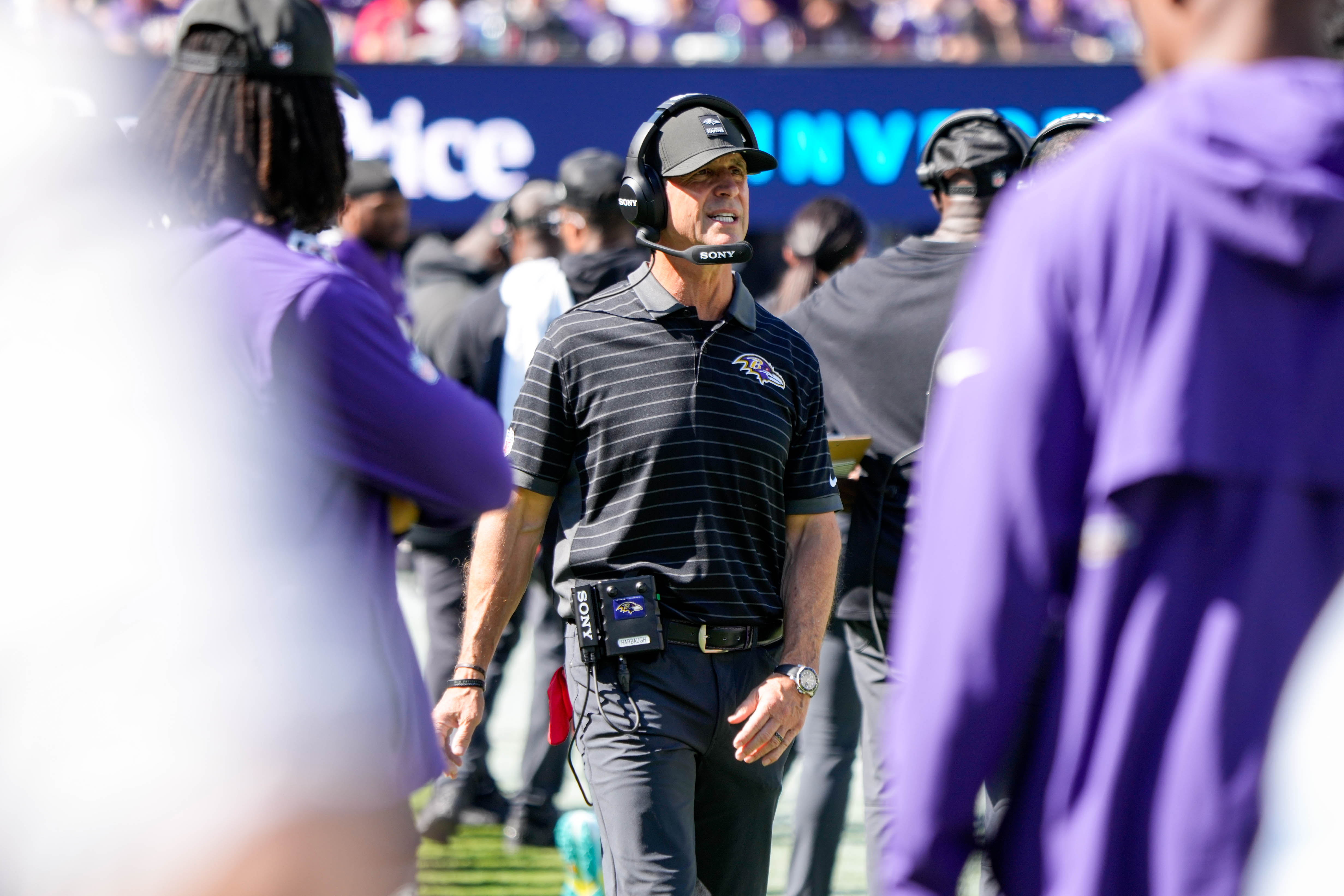 Baltimore Ravens head coach John Harbaugh walks the sidelines in the second quarter of a game against the Houston Texans at M&T Bank Stadium in Baltimore, Md., on Sunday, Oct. 5, 2025.