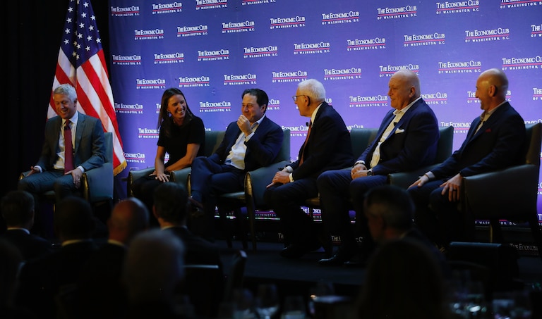 Members of the Orioles spoke at a panel hosted by the Economic Club of Washington, D.C., on Tuesday. From left to right: president of baseball operations Mike Elias, president of business operations Catie Griggs, co-owner Michael Arougheti, control owner David Rubenstein, Hall of Famer Cal Ripken Jr., manager Craig Albernaz.