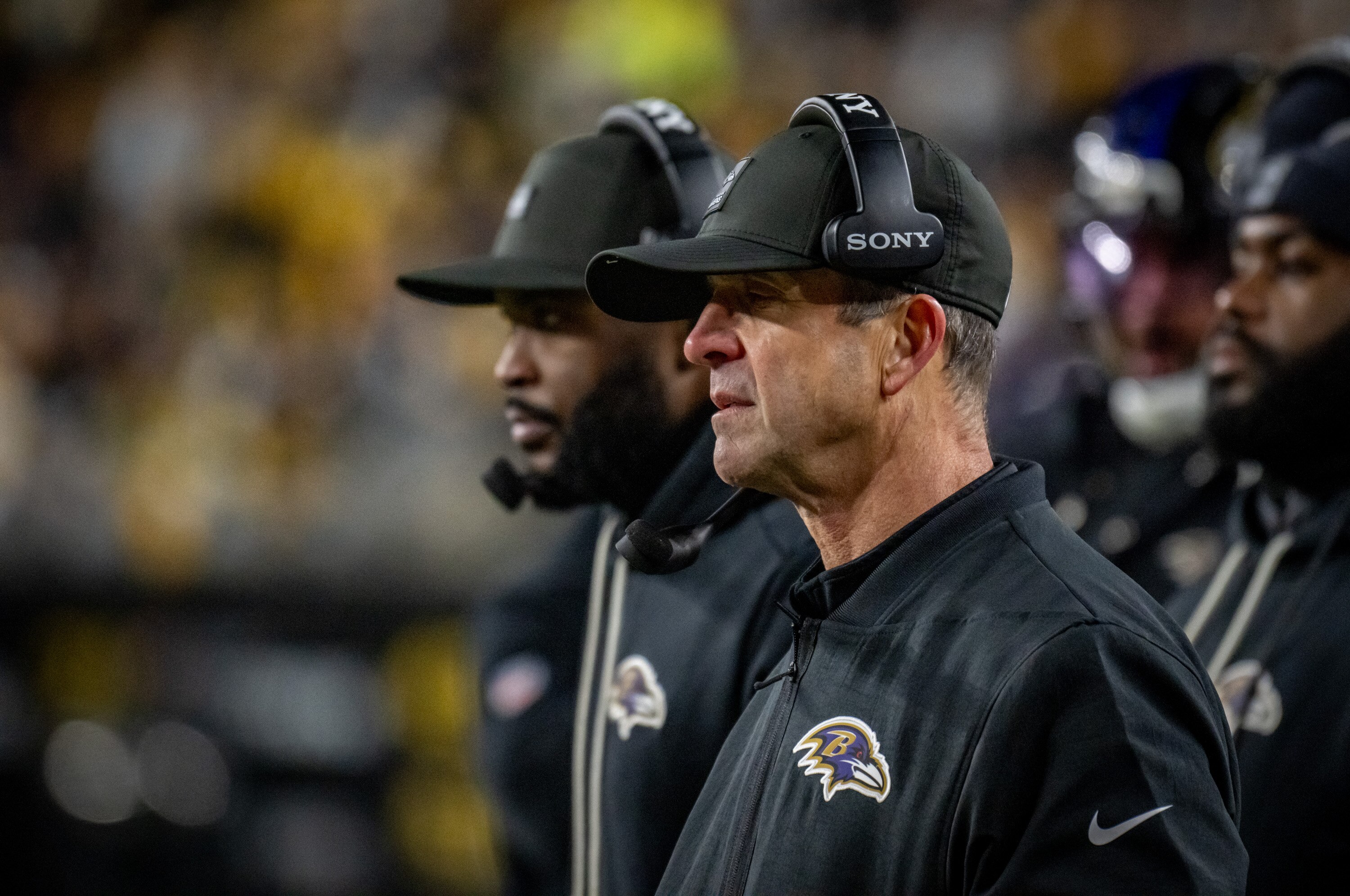 Baltimore Ravens defensive coordinator Zach Orr and head coach John Harbaugh watch as the Ravens defense struggles to stop the Pittsburgh Steelers in the fourth quarter. The Steelers defeated the Ravens 26-24 at Acrisure Stadium in Pittsburgh.