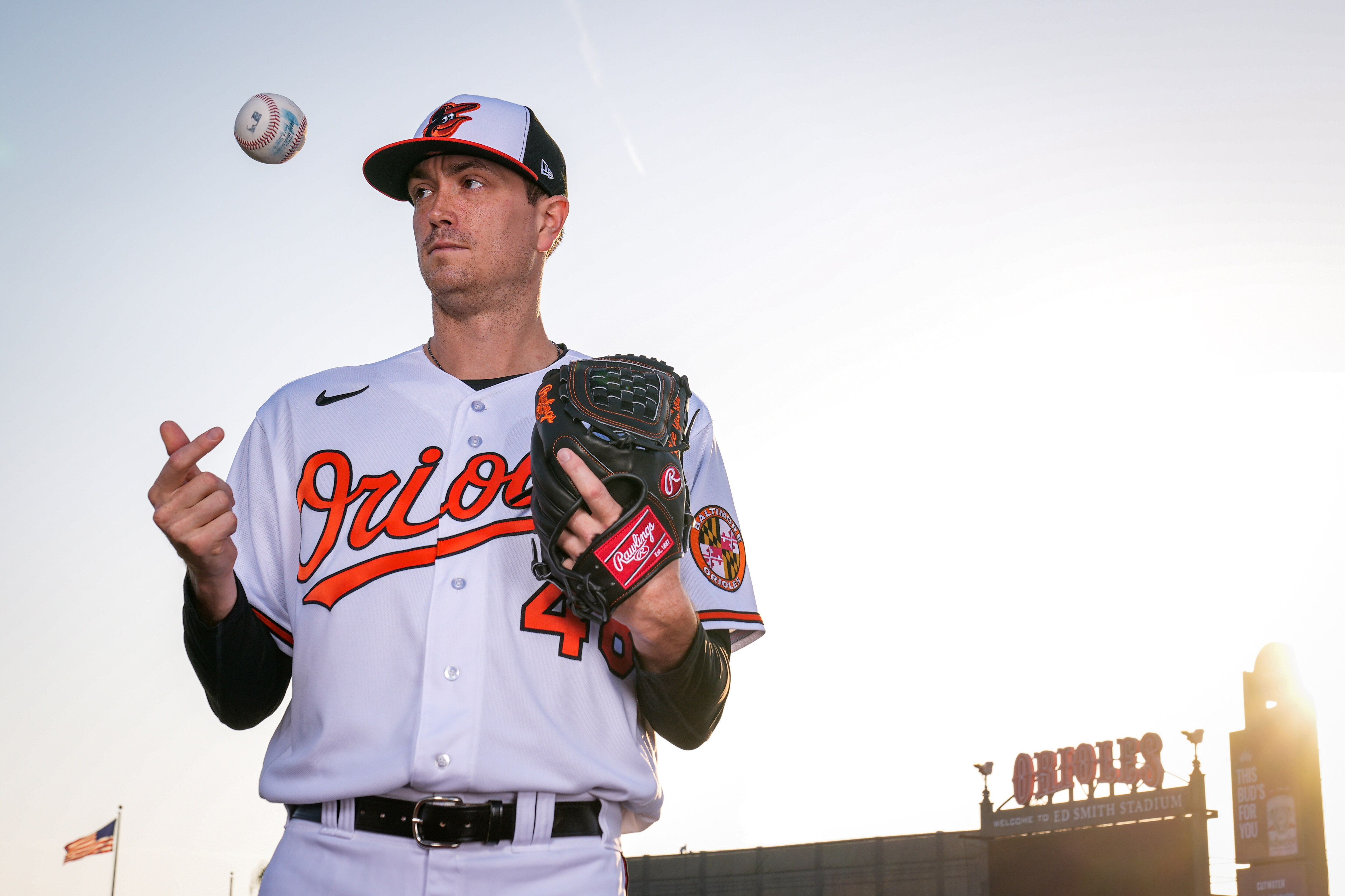 Kyle Gibson (48) poses for a portrait during Photo Day at Ed Smith Stadium in Sarasota on 2/23/23.