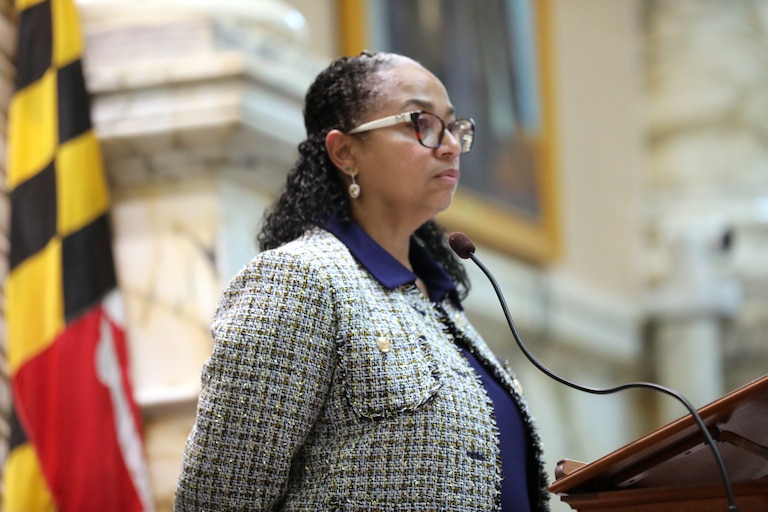 Maryland House Speaker Joseline Peña-Melnyk, a Democrat, presides over a debate on Monday, Feb. 2, 2026, in Annapolis, Md.
