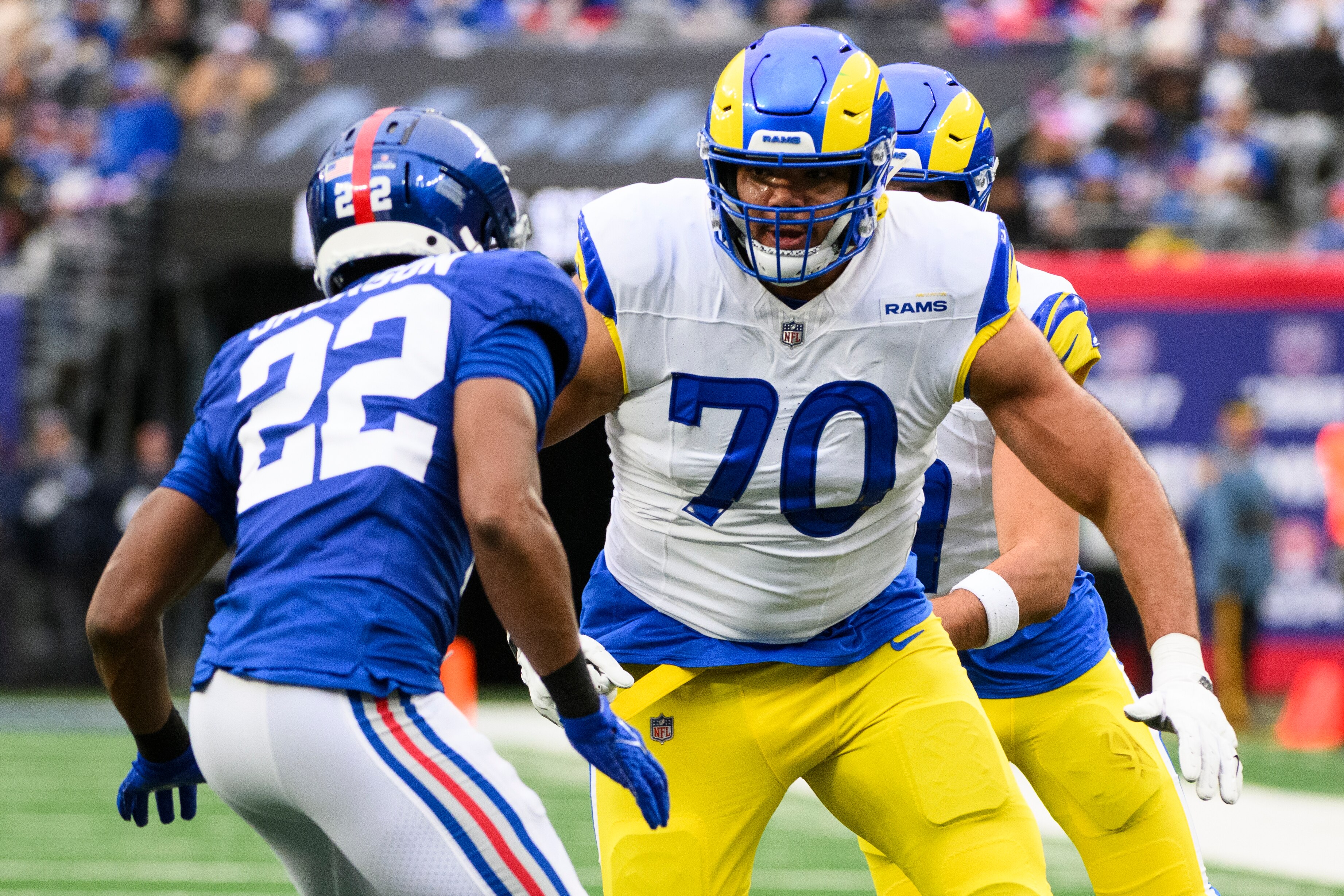 Joe Noteboom, right, has played over 1,200 snaps at left tackle and over 400 snaps at both right tackle and left guard over his career, according to Pro Football Focus.
