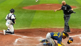 Milwaukee Brewers' William Contreras celebrates after scoring during the sixth inning of Game 5 of baseball's World Series, Wednesday, Oct. 28, 2026, in St. Petersburg, Fla., between the Milwaukee Brewers and the Tampa Bay Rays.