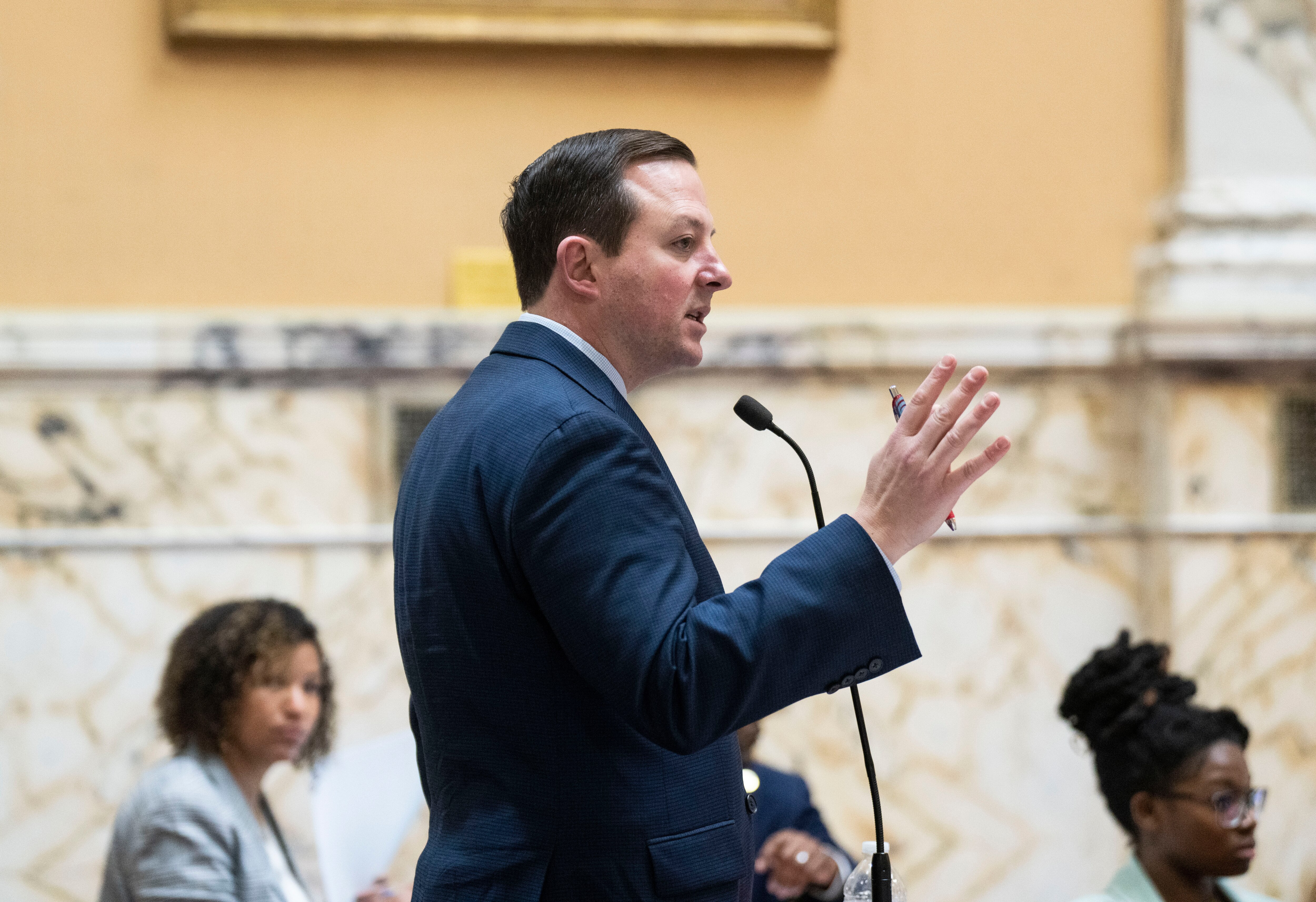 Senate President Bill Ferguson moderates floor debate at the Maryland State House on Monday as the General Assembly passed a trio of energy bills.