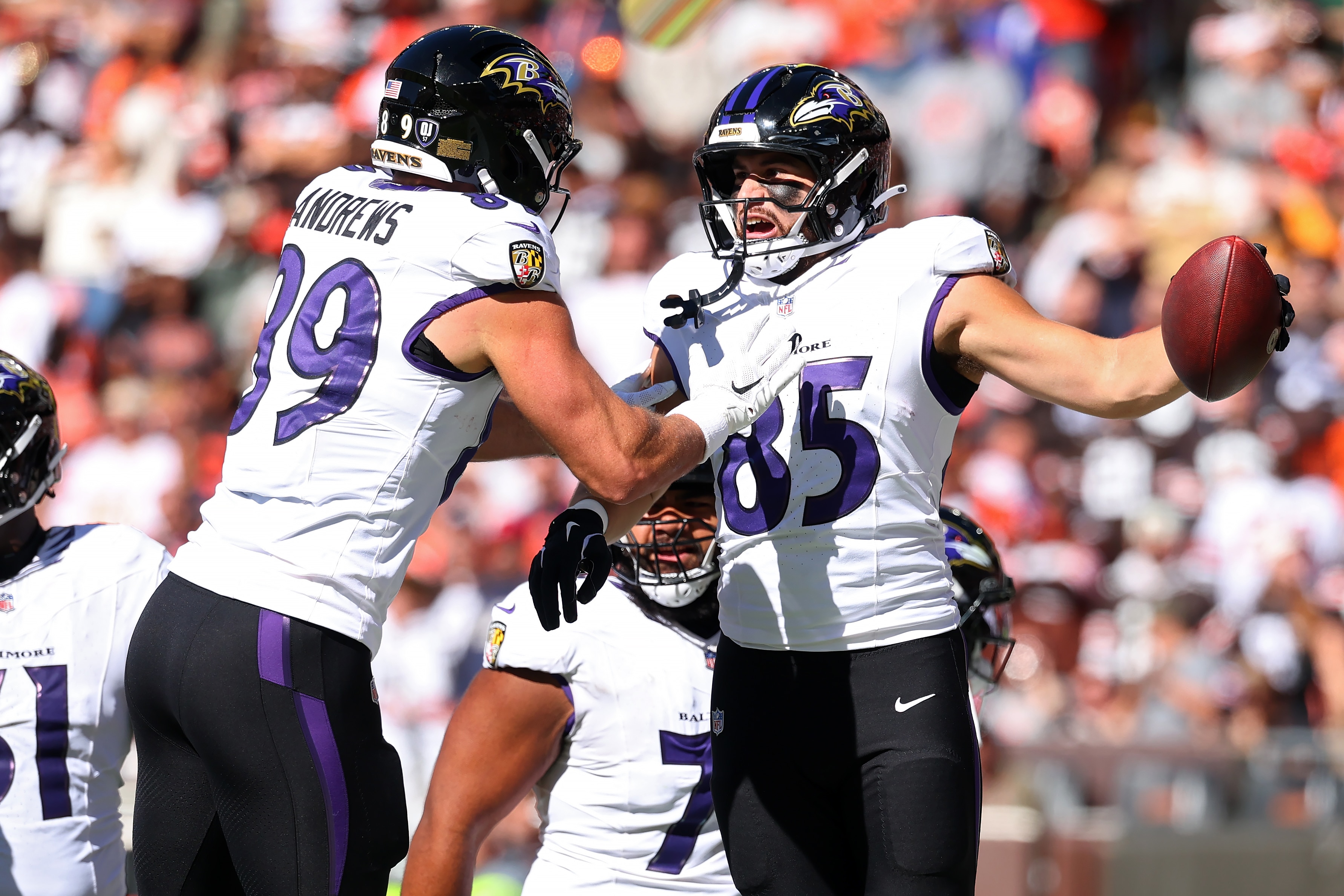 Josh Cuevas of the Baltimore Ravens celebrates his first career touchdown with Mark Andrews after opening the scoring against the Browns. 