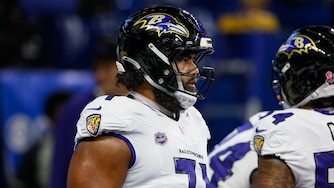 Ravens rookie offensive lineman Vega Ioane warms up prior to the team's Week 1 game against the Indianapolis Colts.