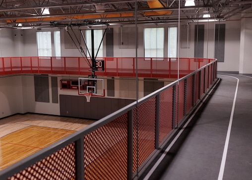 Thursday, April 16, 2026, in Baltimore — The new basketball court and indoor track at the Chick Webb Memorial Recreation Center in East Baltimore.