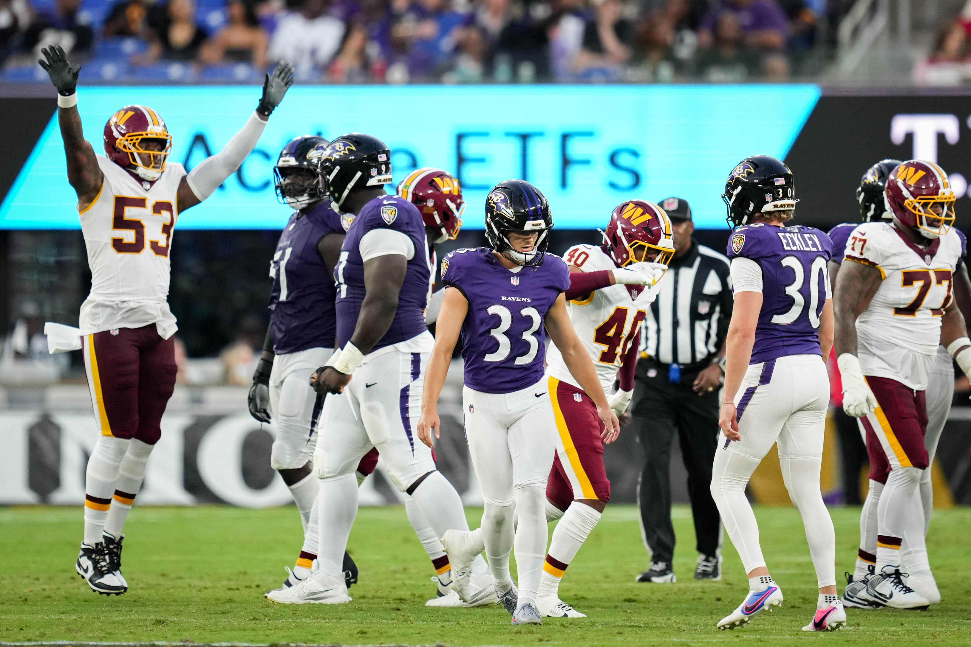 Ravens kicker Tyler Loop missed two field goals of 50-plus yards Friday night against the Commanders.