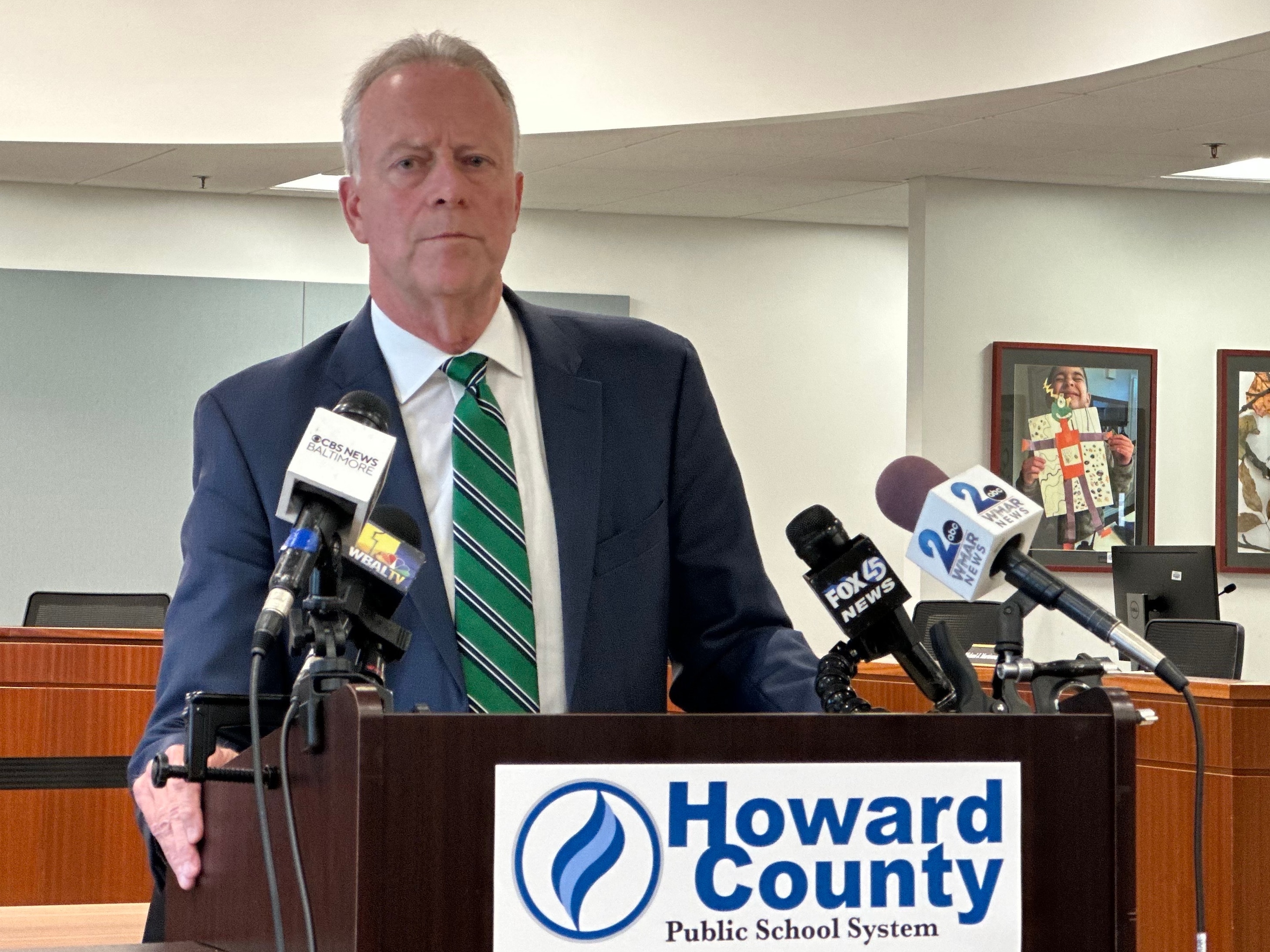 Howard County Public School System Superintendent Michael Martirano takes questions at a press conference on Aug. 30 about issues with school buses during the first week of school.