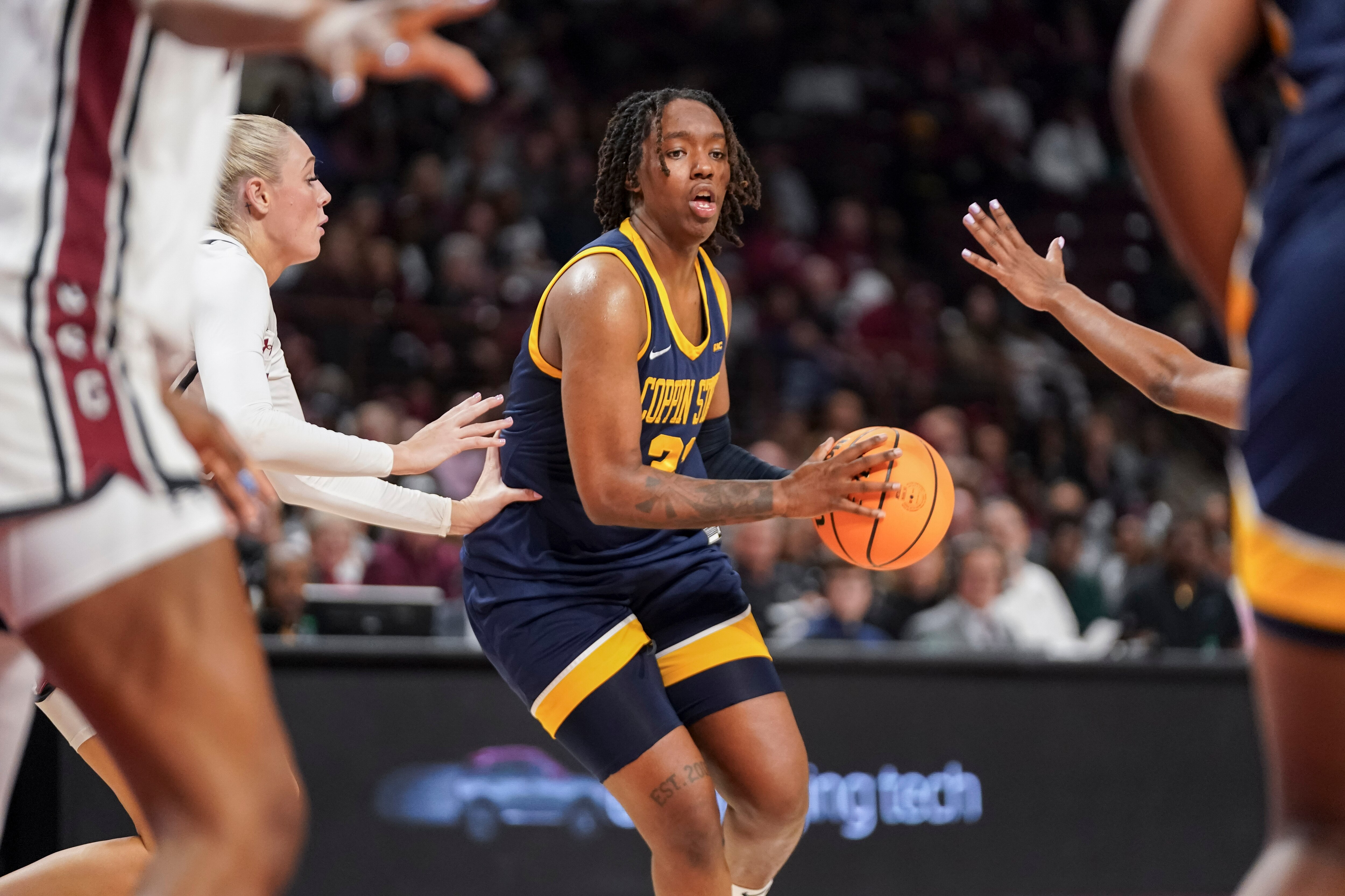 Laila Lawrence led Coppin State with 20 points Thursday night against No. 1 South Carolina.