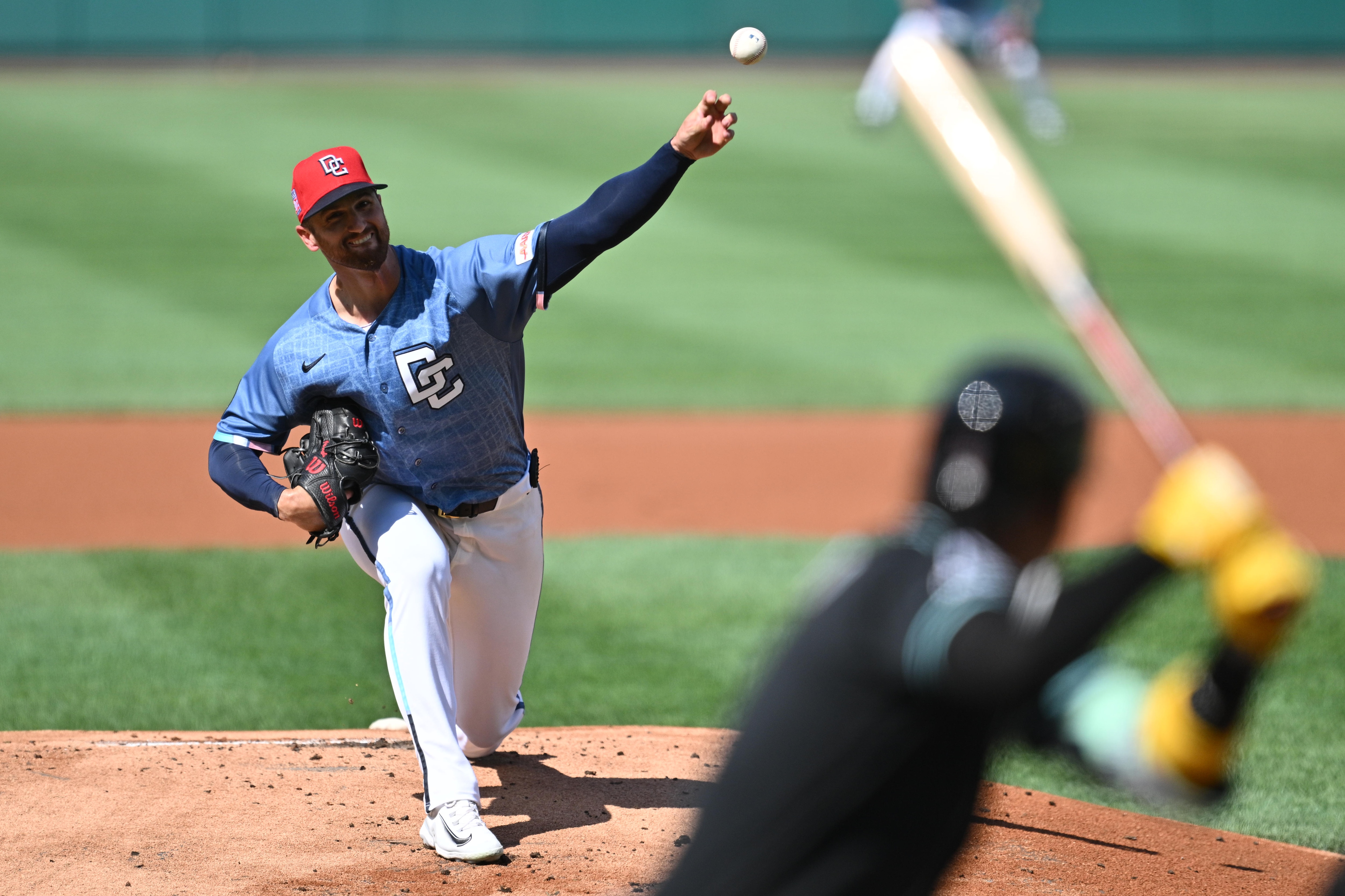 Foster Griffin pitches against the Diamondbacks at Nationals Park on Saturday during his most recent start.