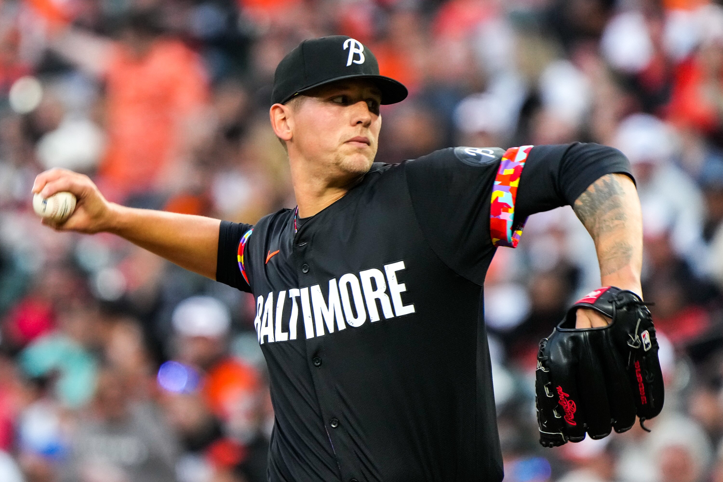 Starting pitcher Tyler Wells delivers a pitch during a game against the Milwaukee Brewers on April 12, 2024.