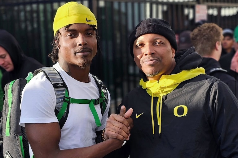 Khyree Jackson, left, with his father, Raymond Jackson. Khyree was killed in a July 2024 vehicle collision in Upper Marlboro months after being drafted by the Minnesota Vikings in the NFL Draft.