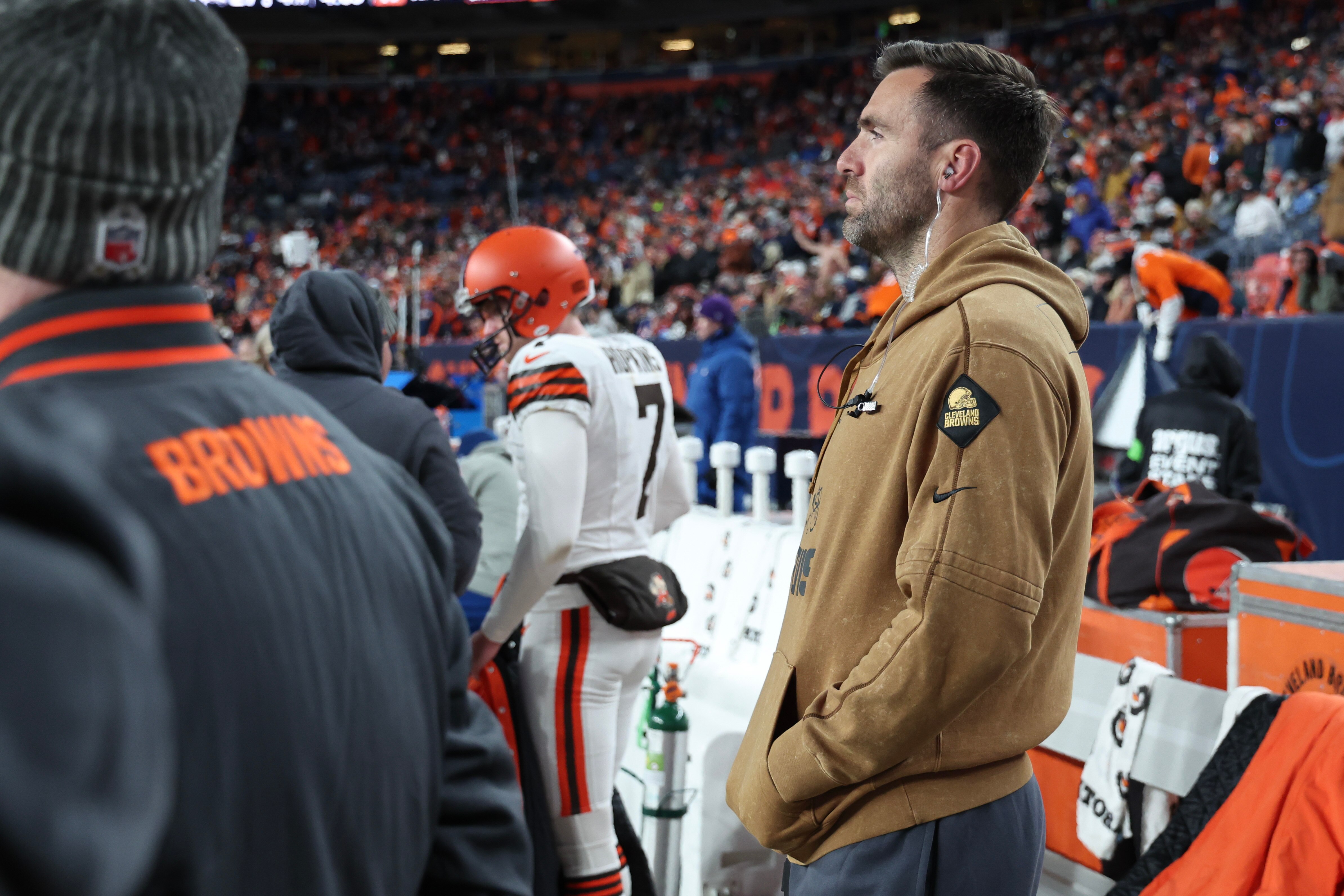 Joe Flacco watches the Cleveland Browns play from the sidelines. He will be the starter this week.