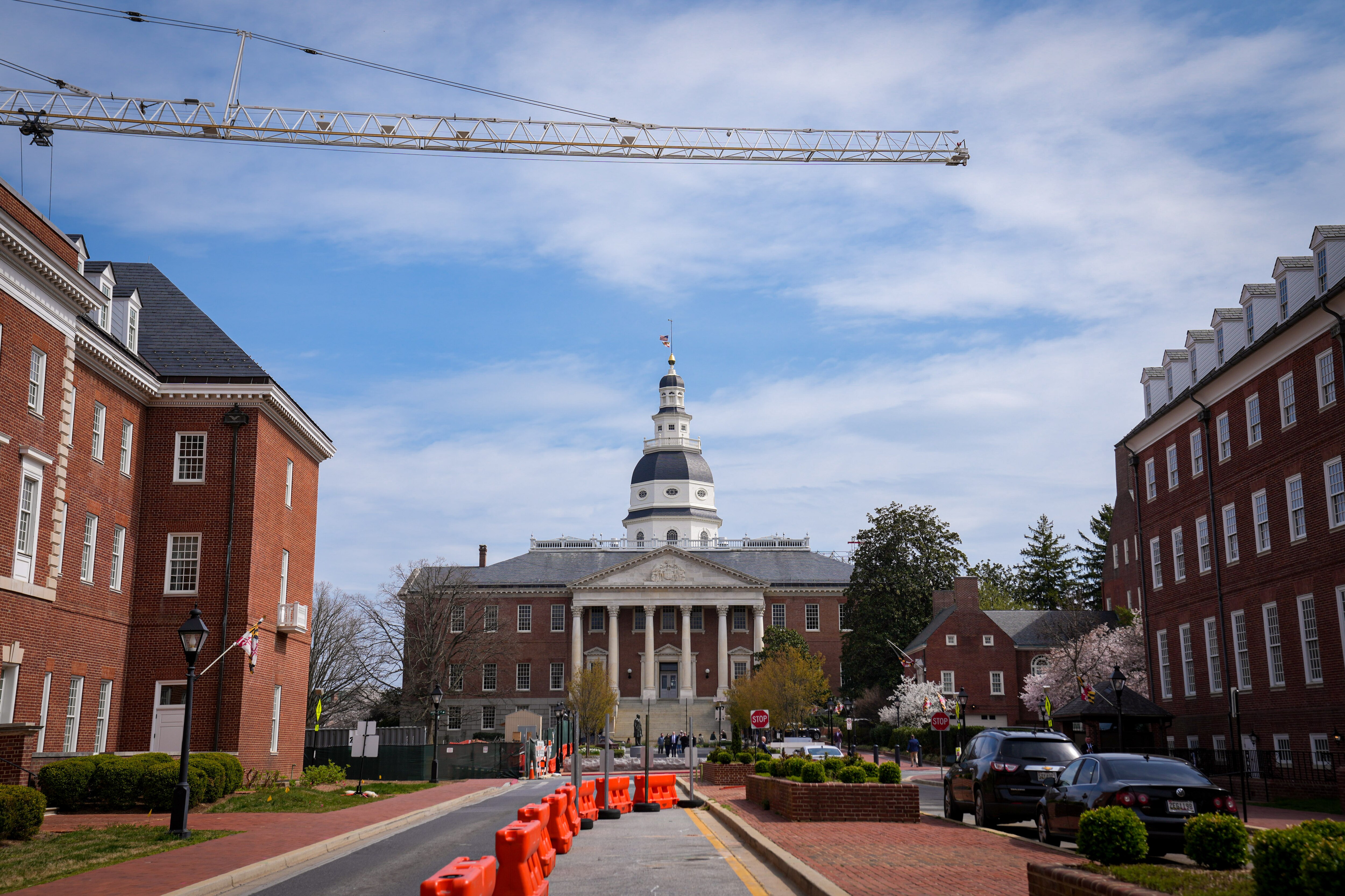 A view of the Maryland State House, framed by the House of Delegates' offices on the left, the Senate's offices on the right and a crane during active construction in Annapolis, as seen on Friday, March 31.