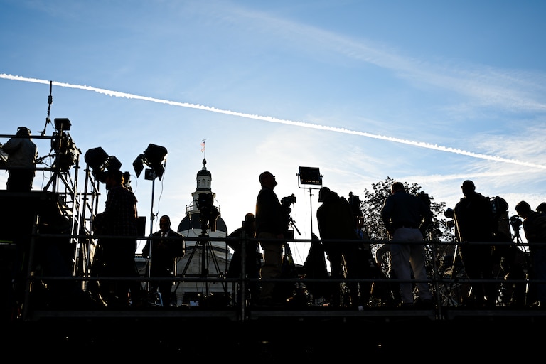 Members of the media setup equipment before the swearing in ceremony of Wes Moore, Wednesday, Jan. 18, 2023, in Annapolis.