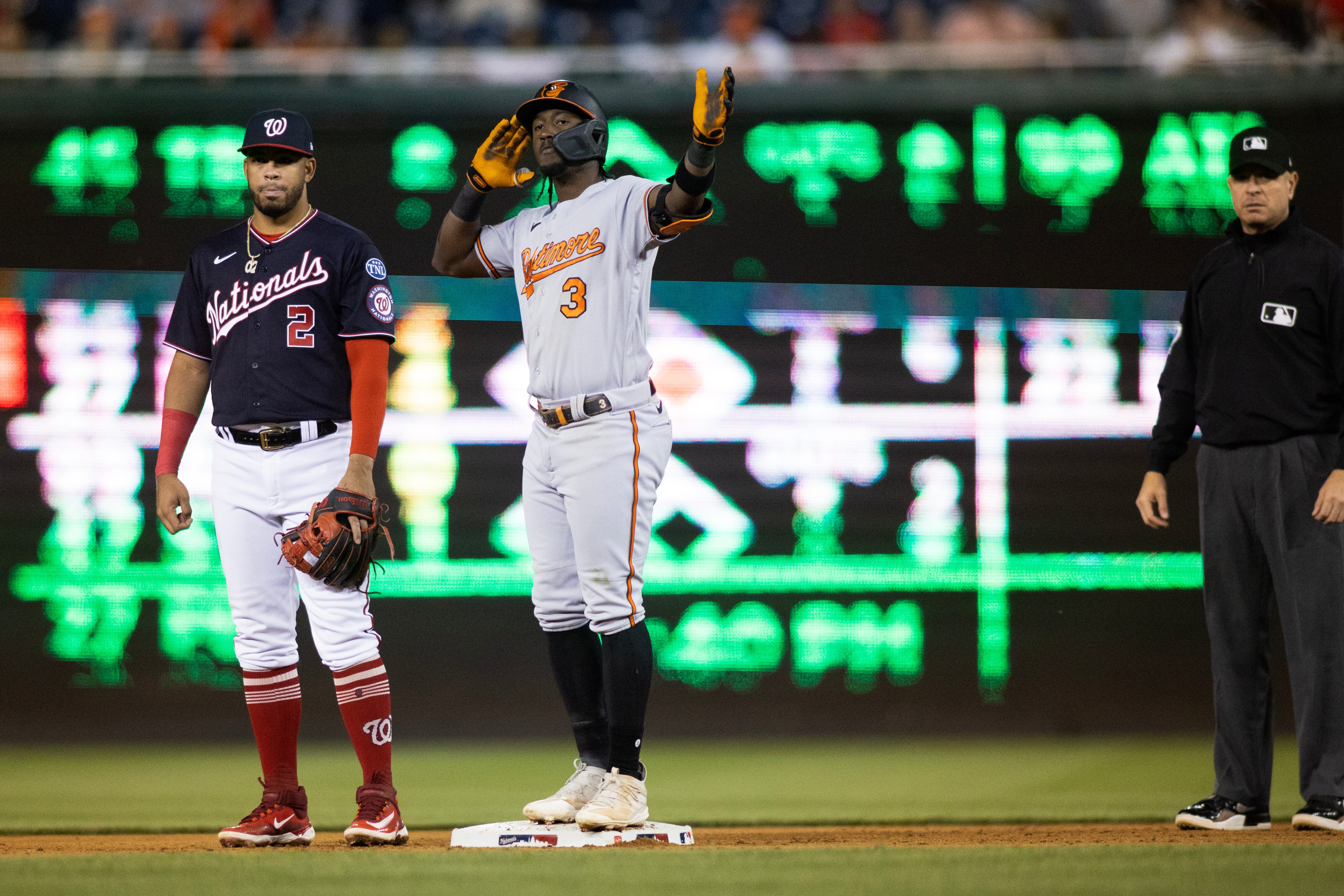 Baltimore Orioles shortstop Jorge Mateo (3) looks toward the dugout after stealing second base, during a regular season game between the Orioles and Nationals at Nationals Park in Washington, D.C., on Tuesday, April 18, 2023.