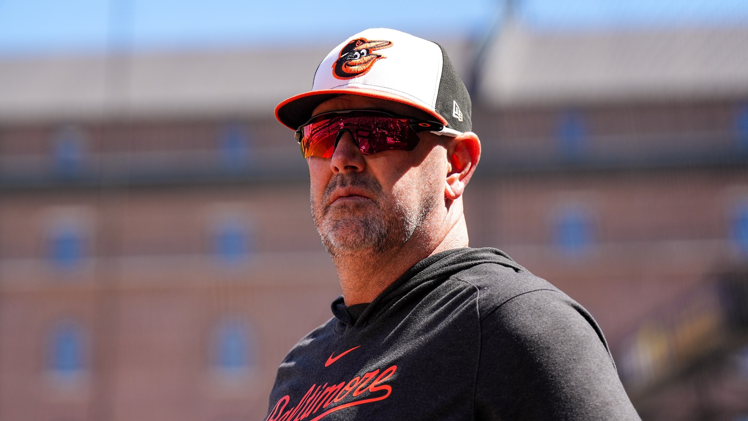 Baltimore Orioles manager Brandon Hyde watches his team from the dugout during a game against the Tampa Bay Rays at Camden Yards in Baltimore on September 8, 2024.