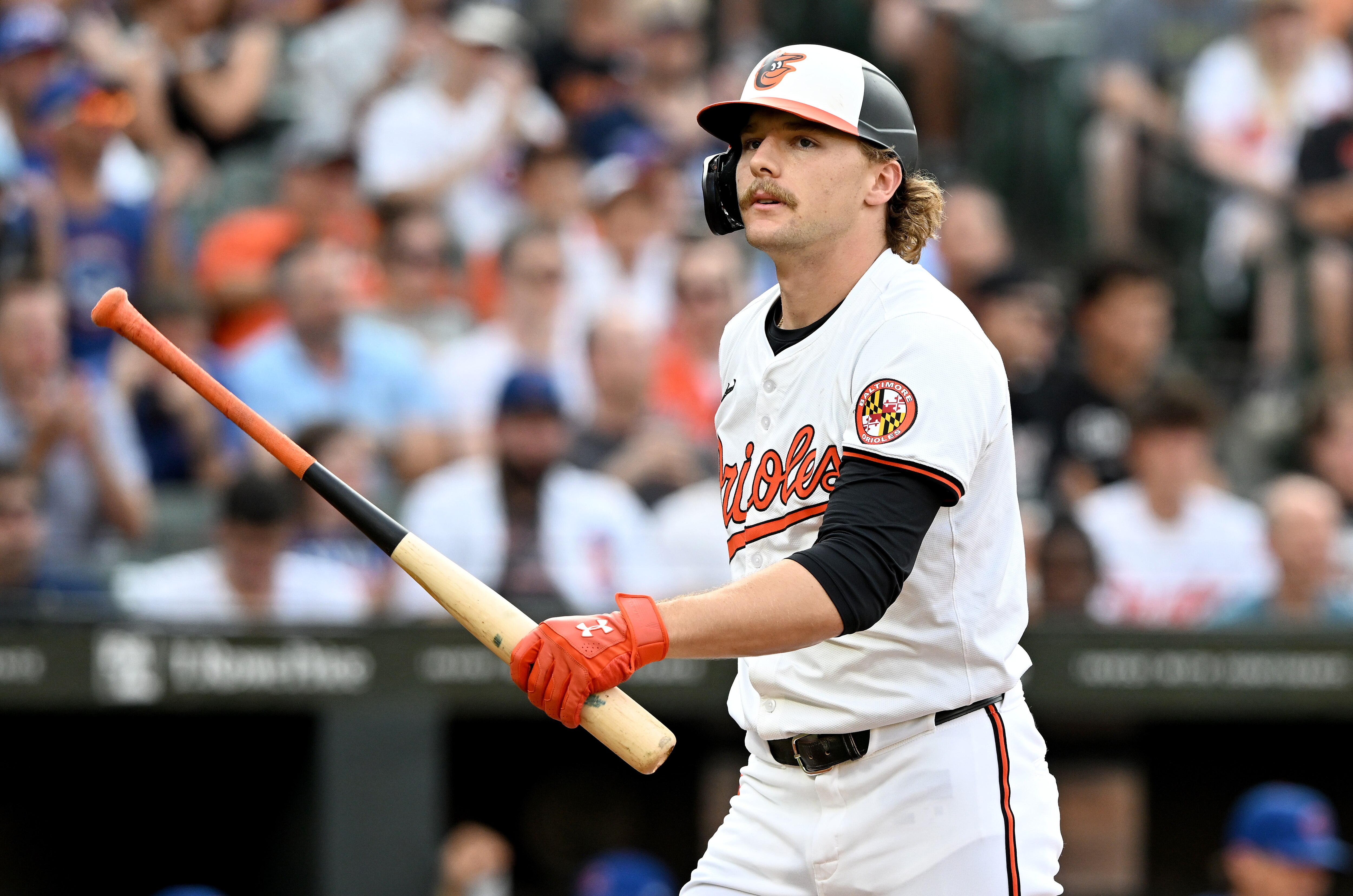 Gunnar Henderson returns to the dugout after striking out in the first inning Thursday during an 8-0 loss to the Cubs at Camden Yards.